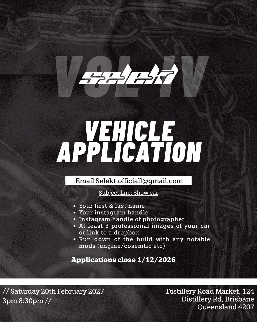 We&rsquo;ve heard you. 
We weren&rsquo;t going to open applications up for another month but we&rsquo;ve had a huge influx of messages on wanting to apply! So here it is. 
Please email all applications, vehicle and otherwise to Selekt.officiall@gmail