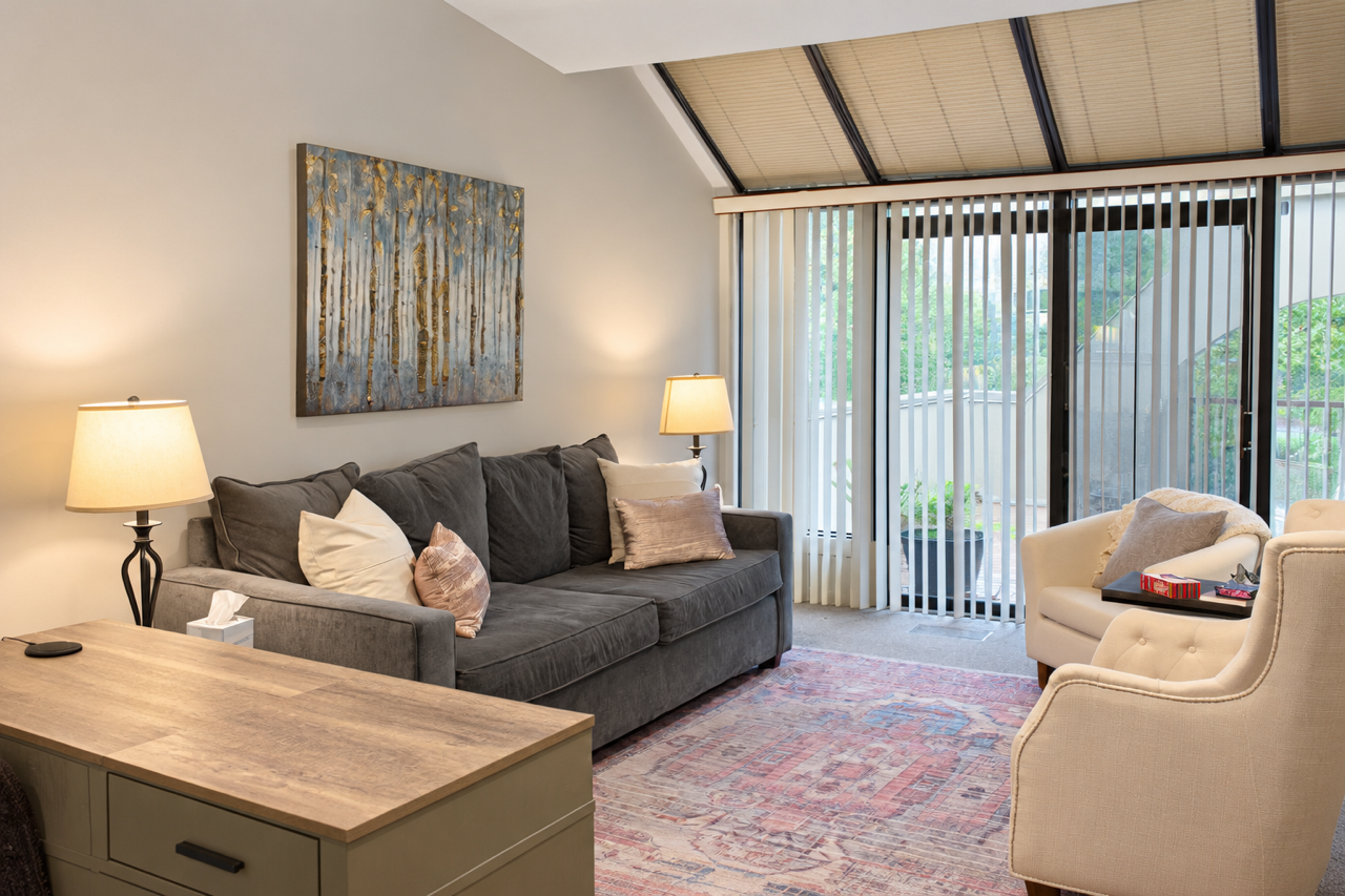 Living room with a gray sofa, white and pink pillows, wooden side table with tissue box, two lamps, a painting of trees, cream armchair, sliding glass door with vertical blinds, patterned area rug.