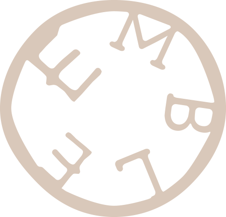 Abstract beige circular logo with stylized black lettering and geometric shapes