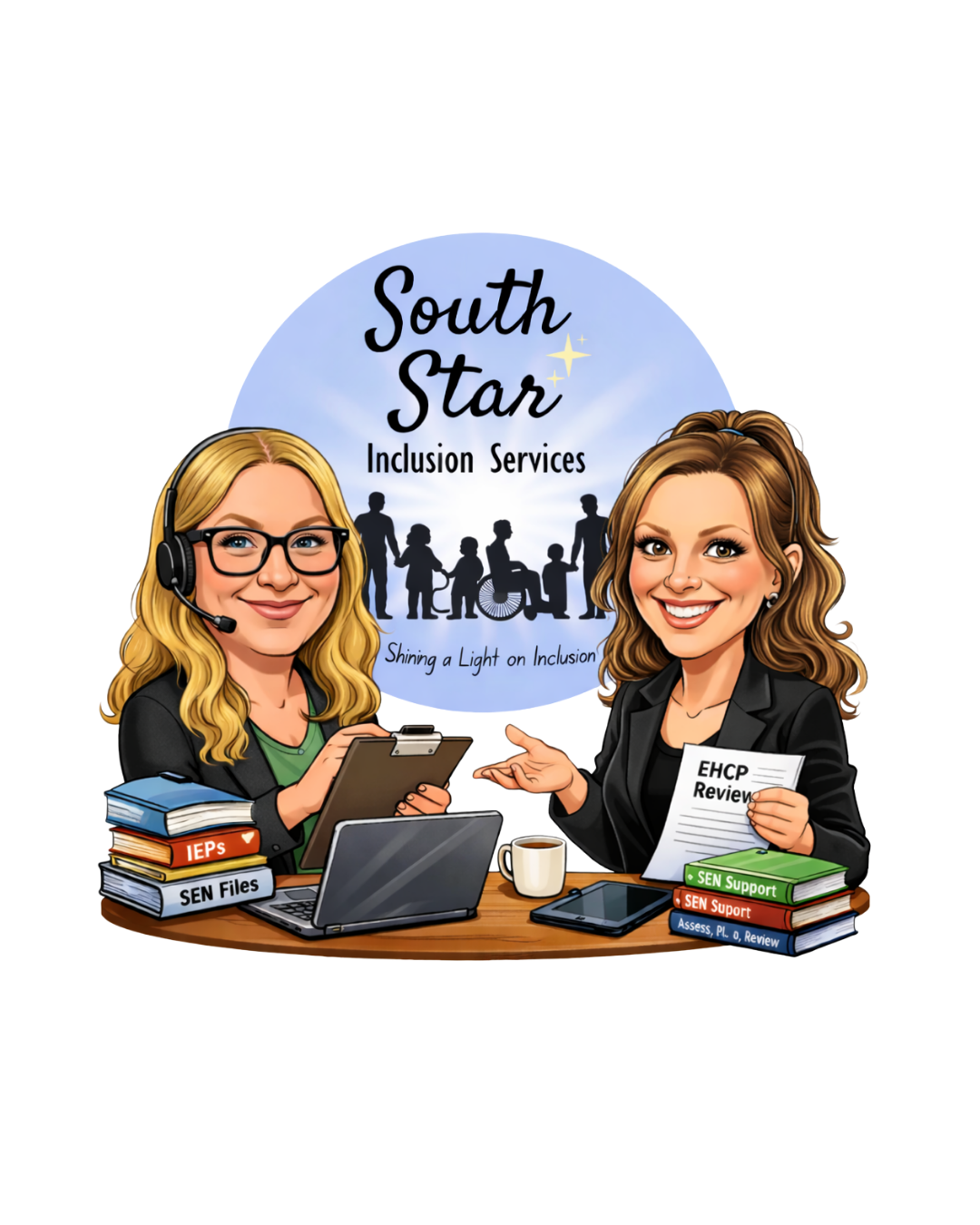 Illustration of two women at a desk with stacks of files labeled IEPS, SEN Files, and SEN Support, with a backdrop of a logo for South Star Inclusion Services featuring silhouettes of diverse individuals and the tagline "Shining a Light on Inclusion."