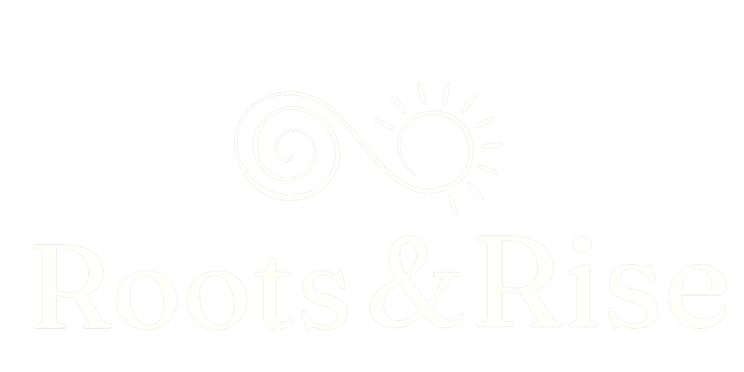 Schwarz-weiß-Logo mit einer stilisierten Sonne und einem Spiraldesign darüber, darunter der Schriftzug "Roots & Rise" in weißer Schrift.