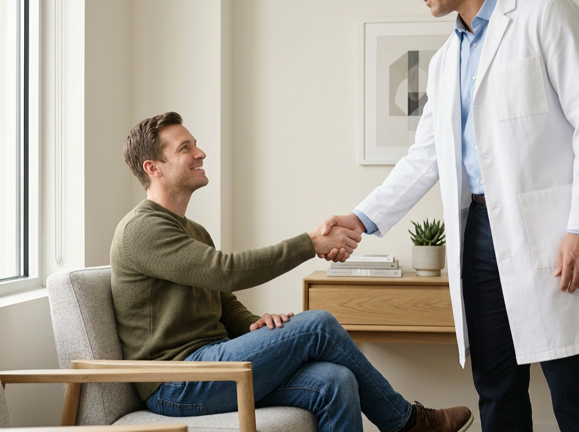 Doctor shaking hands with a patient in a consultation room.