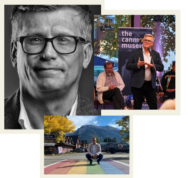 A collage of three images: the first is a black-and-white headshot of a man with glasses, the second shows a man speaking at an outdoor event with a purple sign that reads "the canmore museum" in the background, and the third depicts a man sitting cross-legged on a rainbow-colored crosswalk with a mountain and trees in the background.