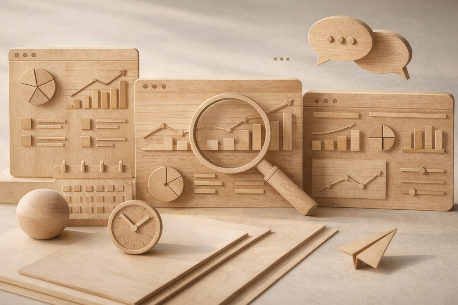 Wooden desk accessories including charts, clocks, a magnifying glass, papers, speech bubbles, and a paper airplane.