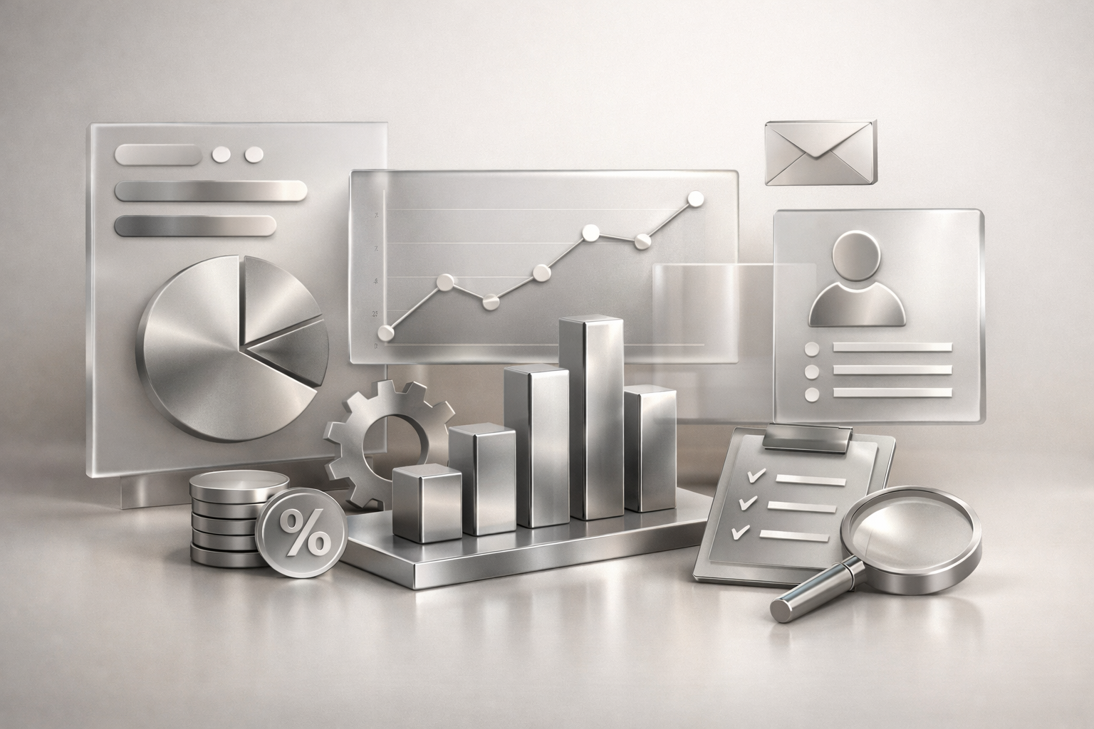 Silver 3D business analytics icons including bar graph, pie chart, line graph, gear, magnifying glass, checklist, percentage symbol, user profile, and email symbols on a neutral background.
