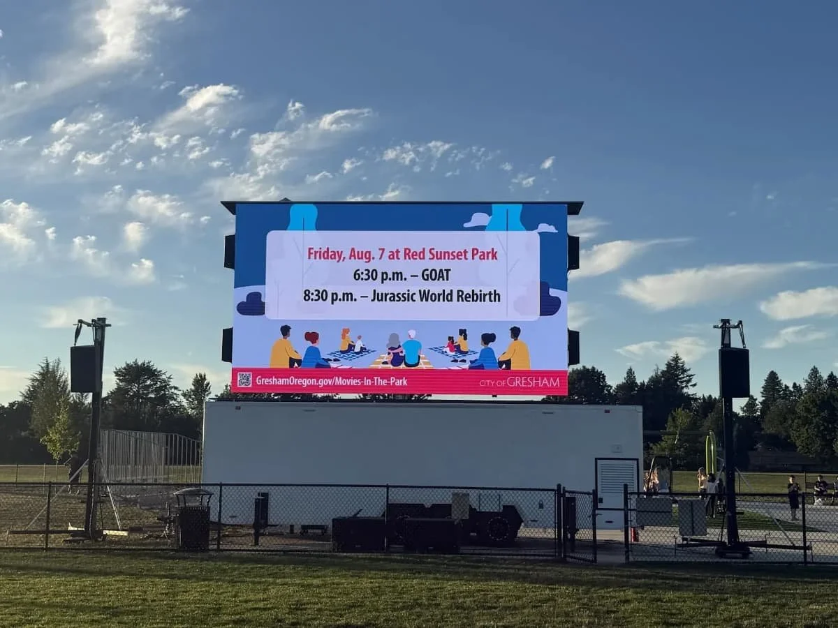 23 ft. wide x 13 ft. high - Self Powered - Wind and Rain proof - 4K LED Video Wall Trailer - Movies In The Park - City of Gresham
