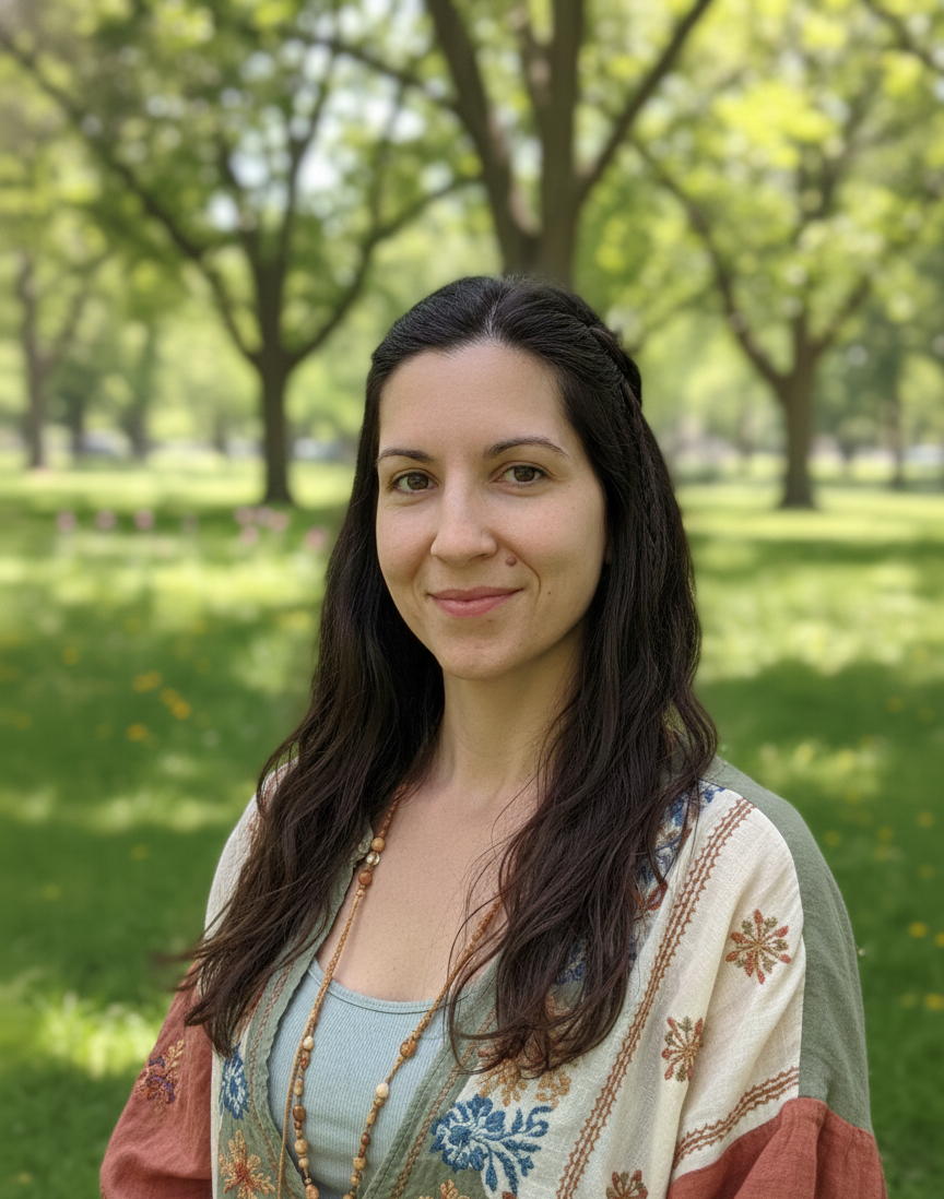 Amanda Vavra, health and wellness coach, smiling outdoors in a park
