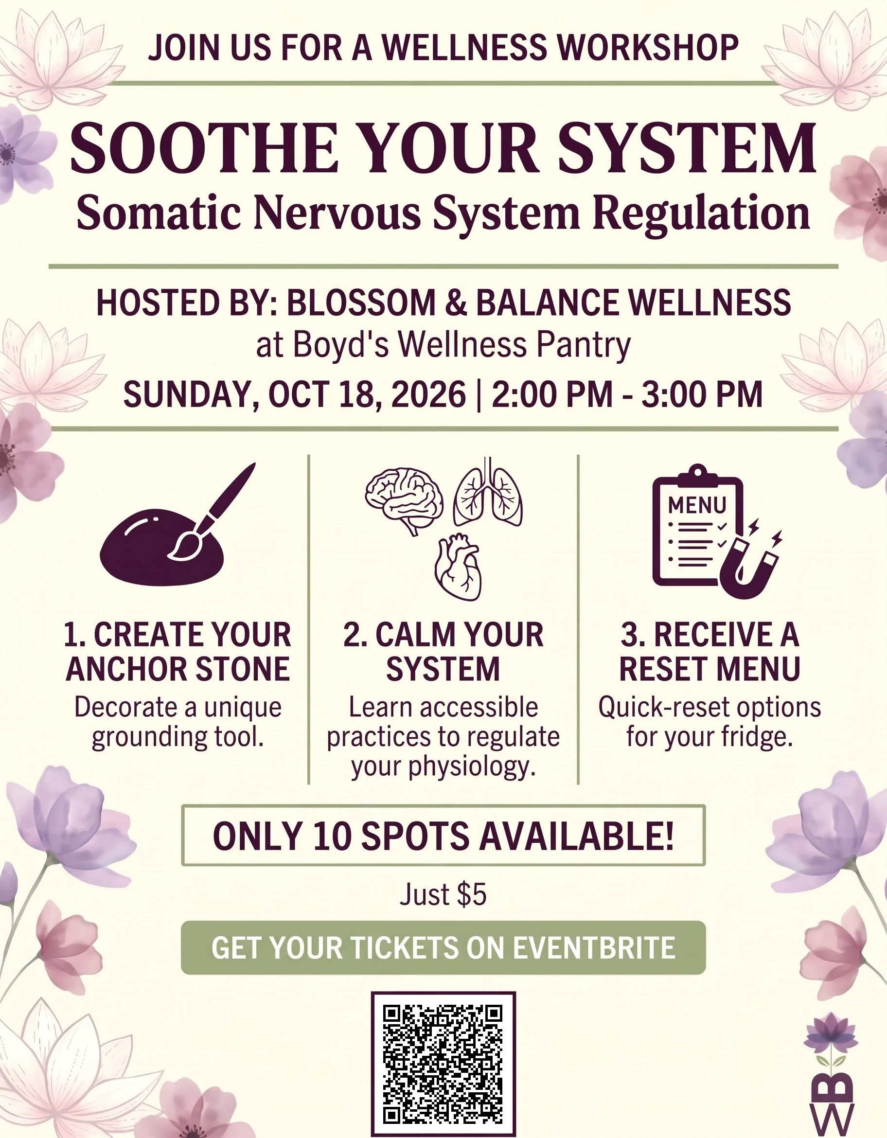 Flyer for the Soothe Your System workshop on Sunday, October 18, 2026, 2:00 to 3:00 PM at Boyd’s Wellness Pantry. $5, 10 spots available.