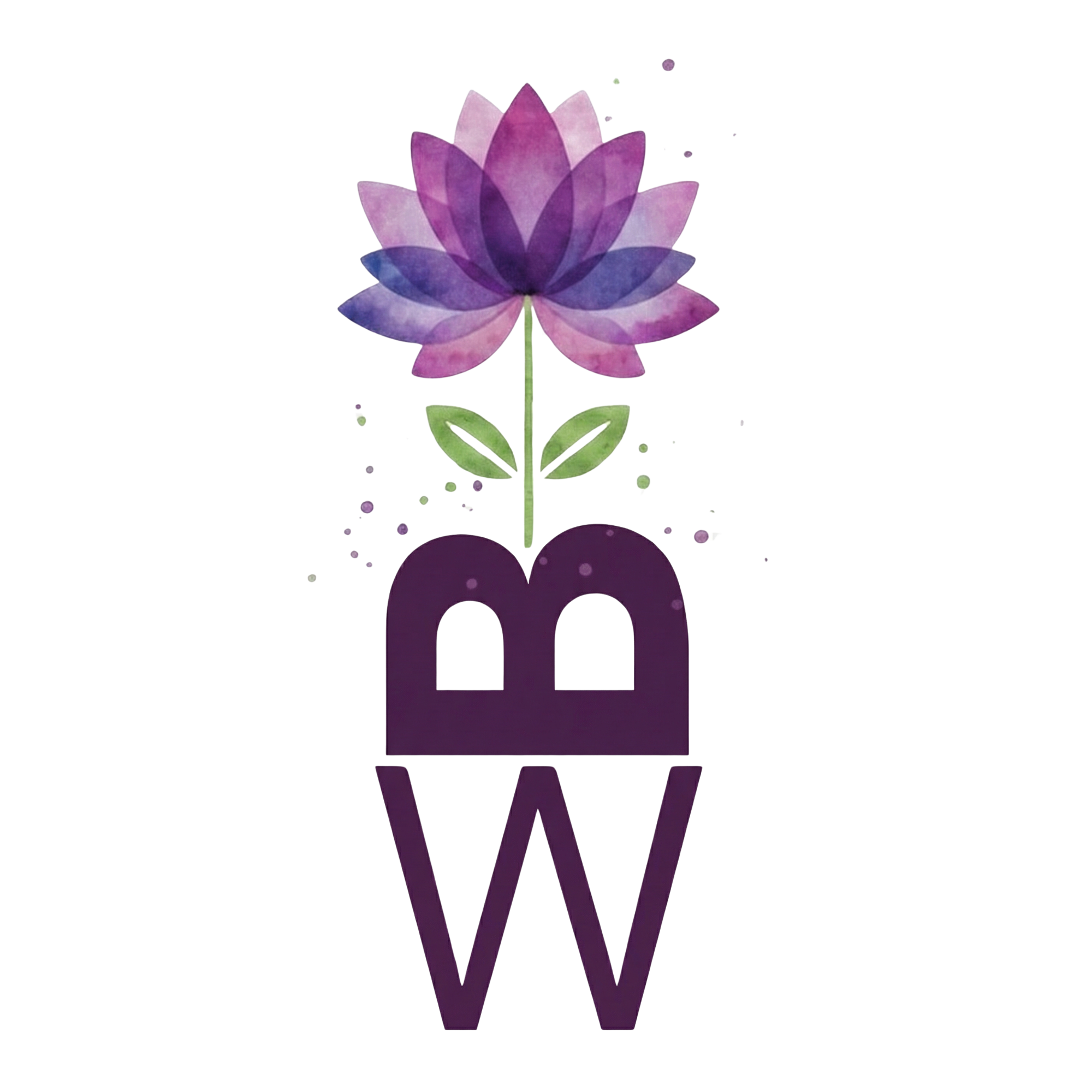 Blossom and Balance Wellness logo, a purple lotus flower above the letters B and W