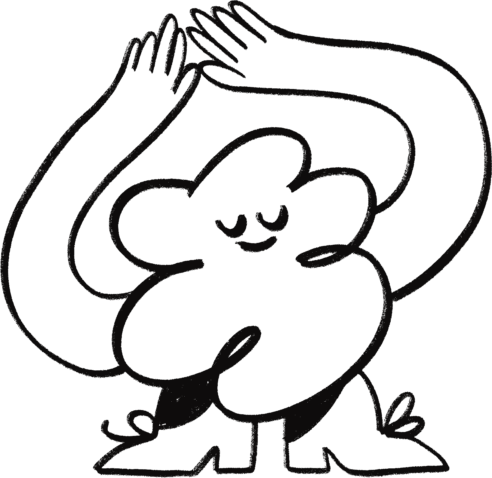 Line art illustration of a girl with long hair, smiling, with her hands raised over her head in a playful gesture.