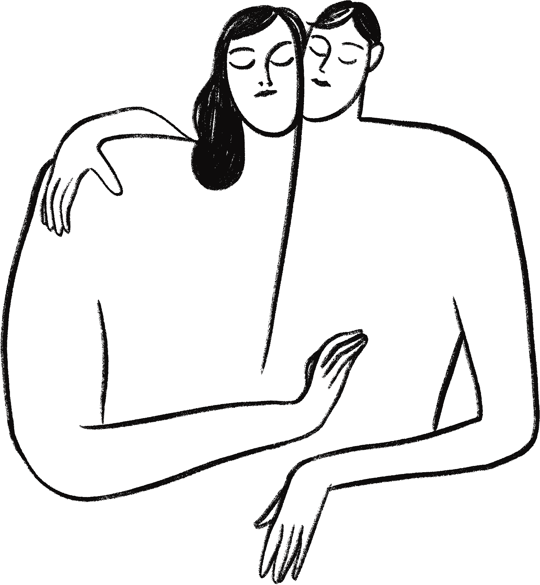 Line drawing of a man and woman in a close embrace, with the woman resting her hand on the man's shoulder and both having their eyes closed.