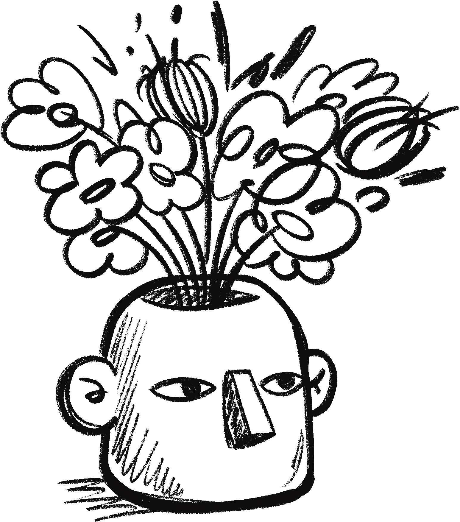 Black and white sketch of a potted plant with a bunch of flowers.