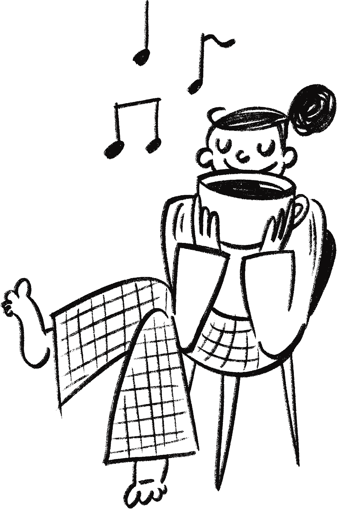 A doodle sketch of a person with medium-length hair holding a large cup, with musical notes floating above, wearing checkered pants, and sitting with one leg bent and foot raised.