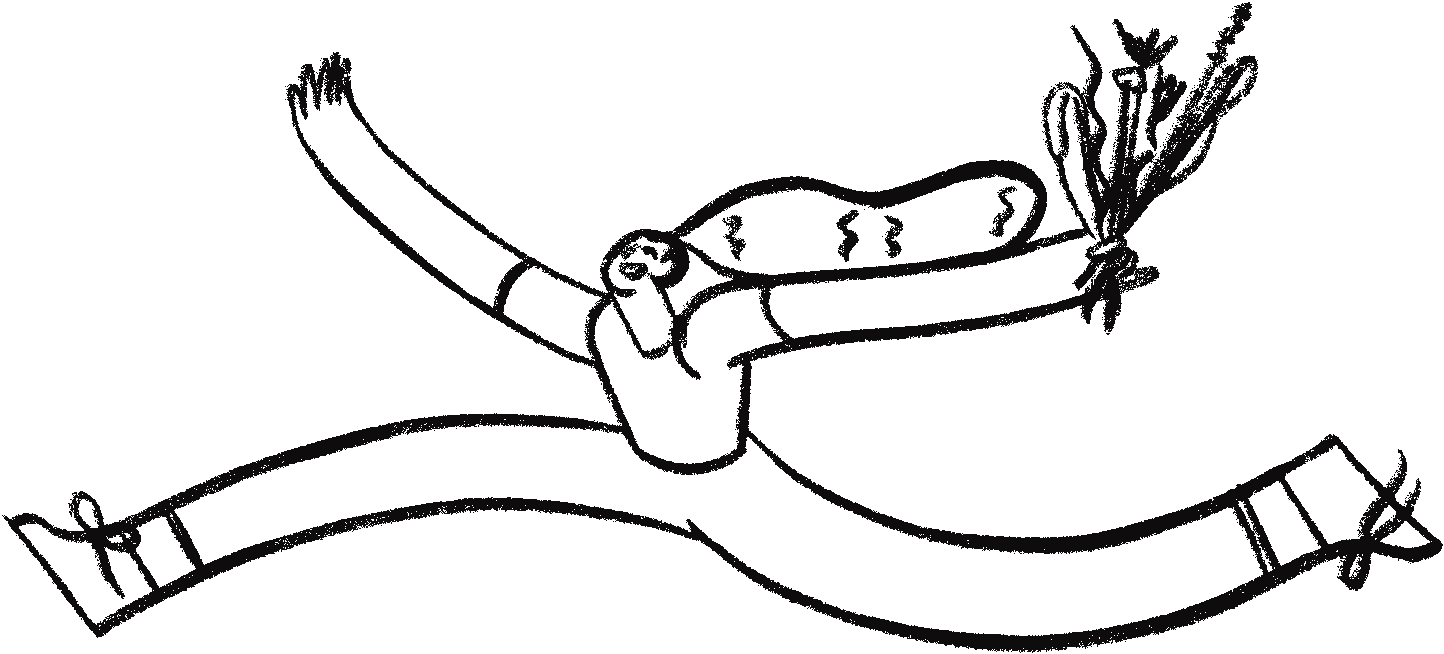 Outline drawing of a person in a yoga pose with arms raised, holding a bouquet of flowers, above a flowing banner.