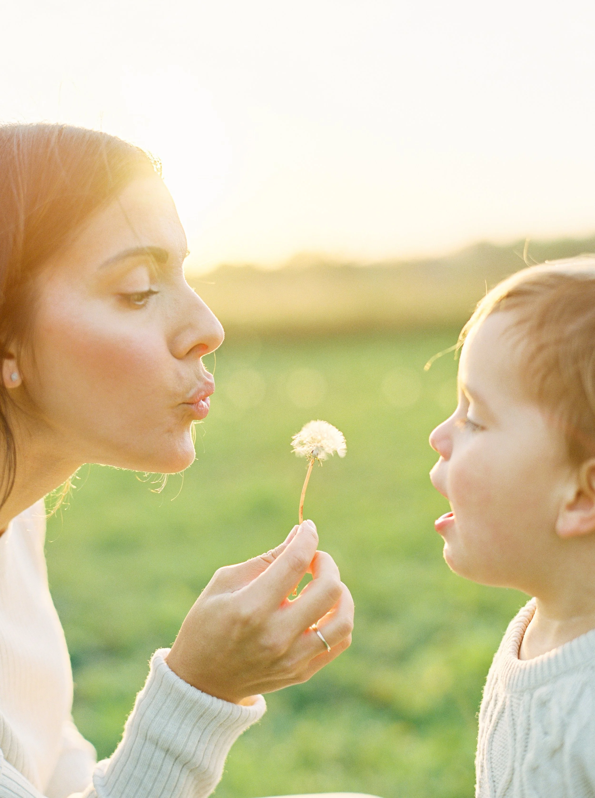 A woman and a young girl face each other outdoors at sunset, with the woman holding a dandelion and the girl smiling, both wearing light-colored sweaters at a fall fiver ns family photography session. 
