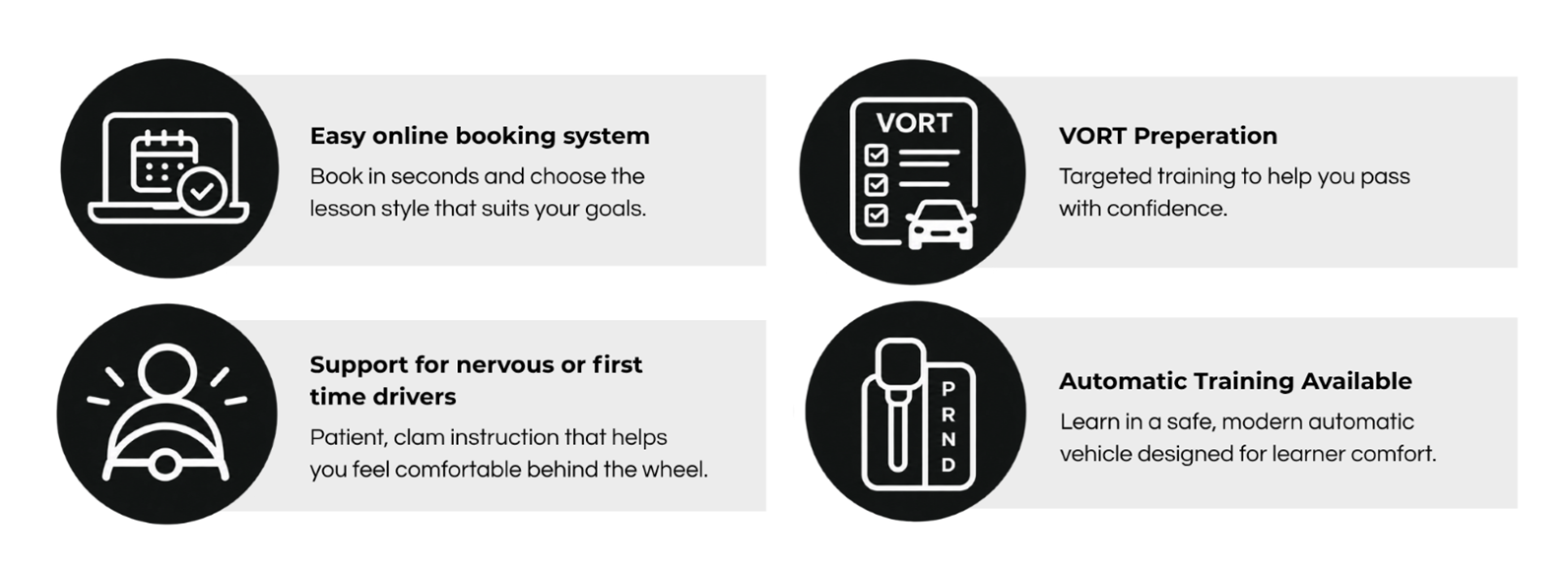 An infographic which summarises four features offered by Next Gen Driver Training. An online booking system; support for nervous or first-time drivers; VORT preparation training, and automatic training for learners.
