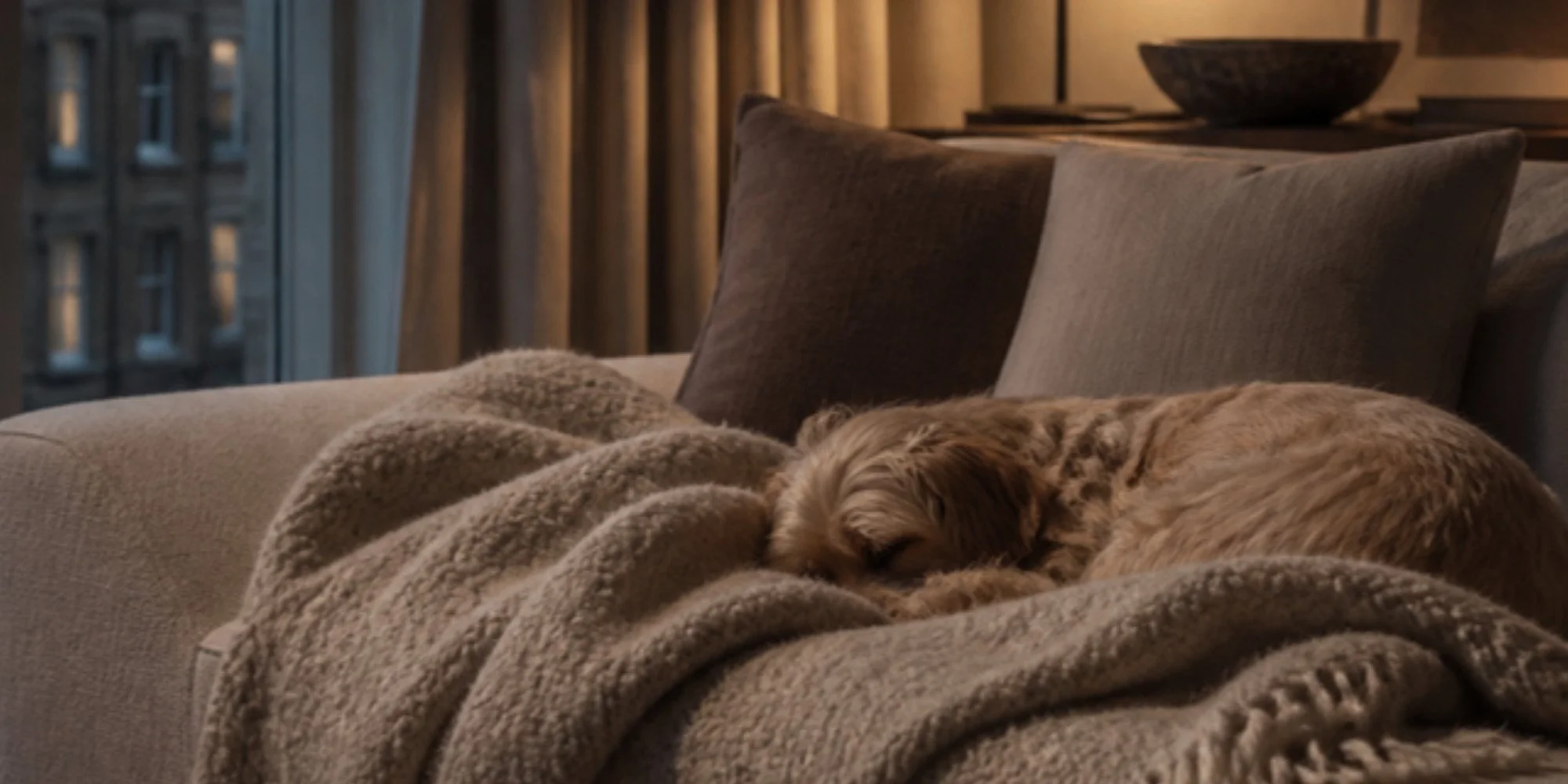 A small dog asleep on a wool blanket in a quiet, lamplit room at dusk