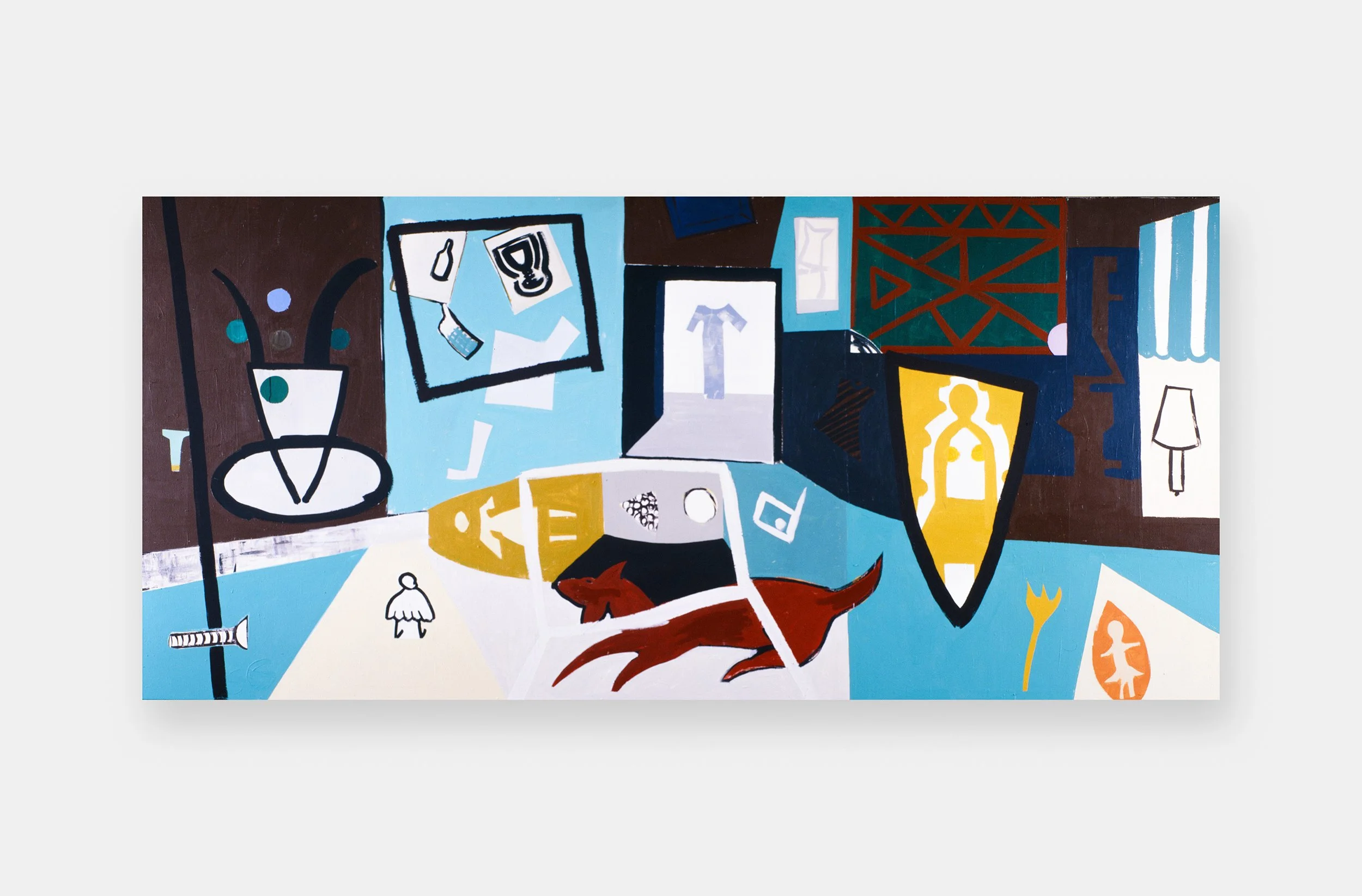 Colorful abstract painting with various shapes, figures, and patterns on a wall.