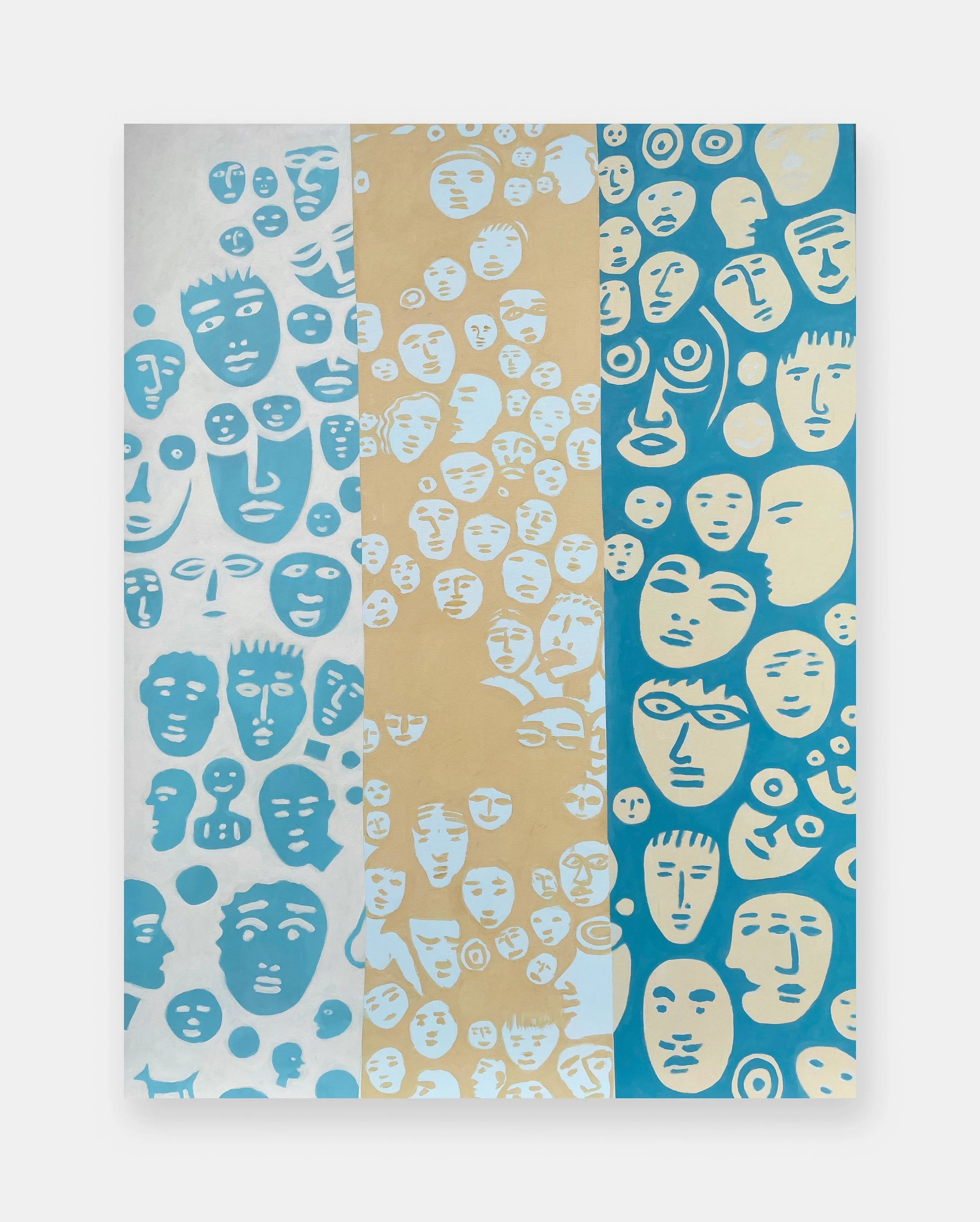 Artwork divided into three vertical sections with stylized faces in blue, beige, and white colors.