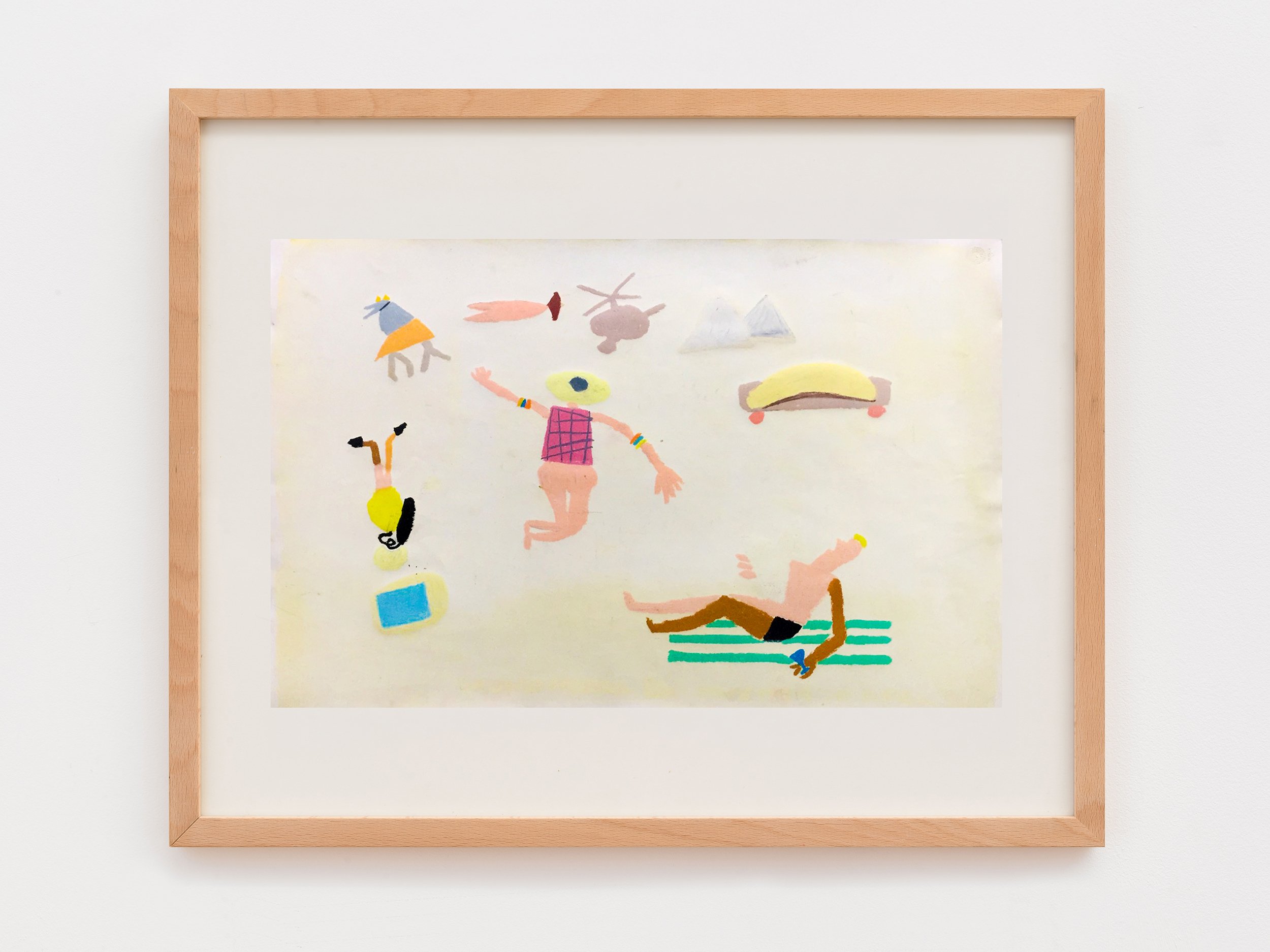 Colorful drawing of several playful, abstract human and animal figures on paper, framed with a wooden frame, against a white wall.