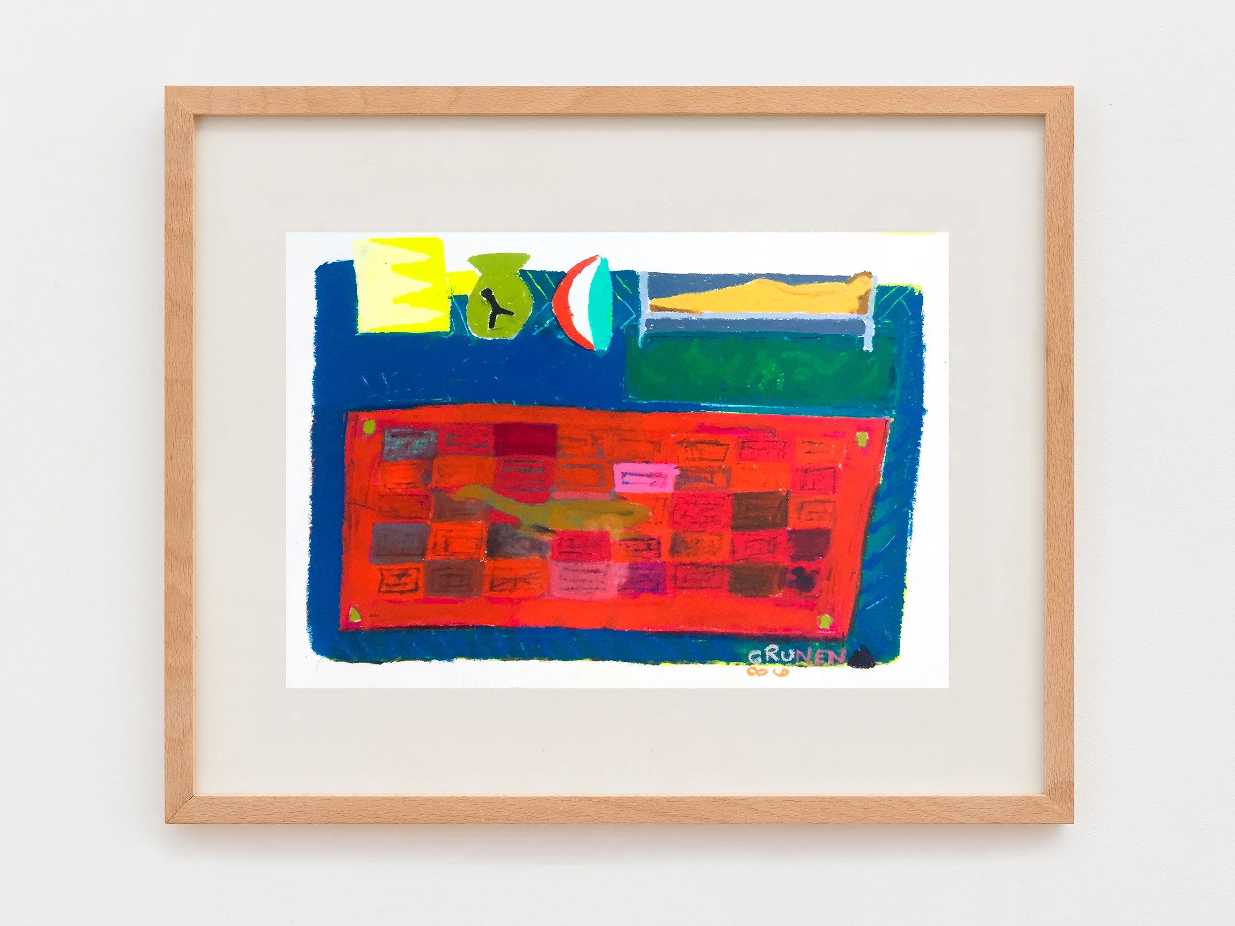 Colorful abstract artwork in a wooden frame with vibrant red, blue, yellow, green, and pink patterns