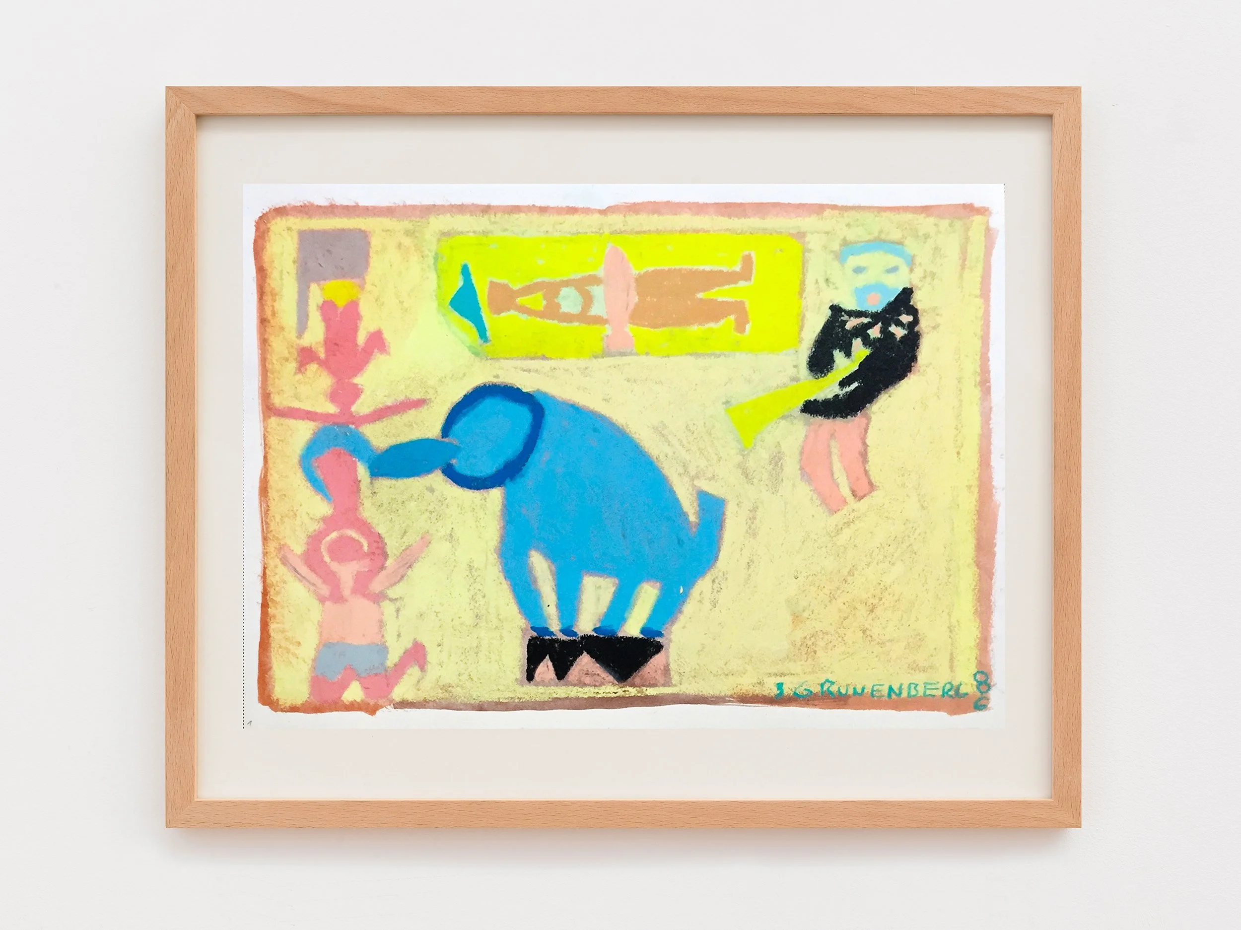 Colorful abstract painting in a wooden frame signed by 16 Grünberg in the bottom right corner.