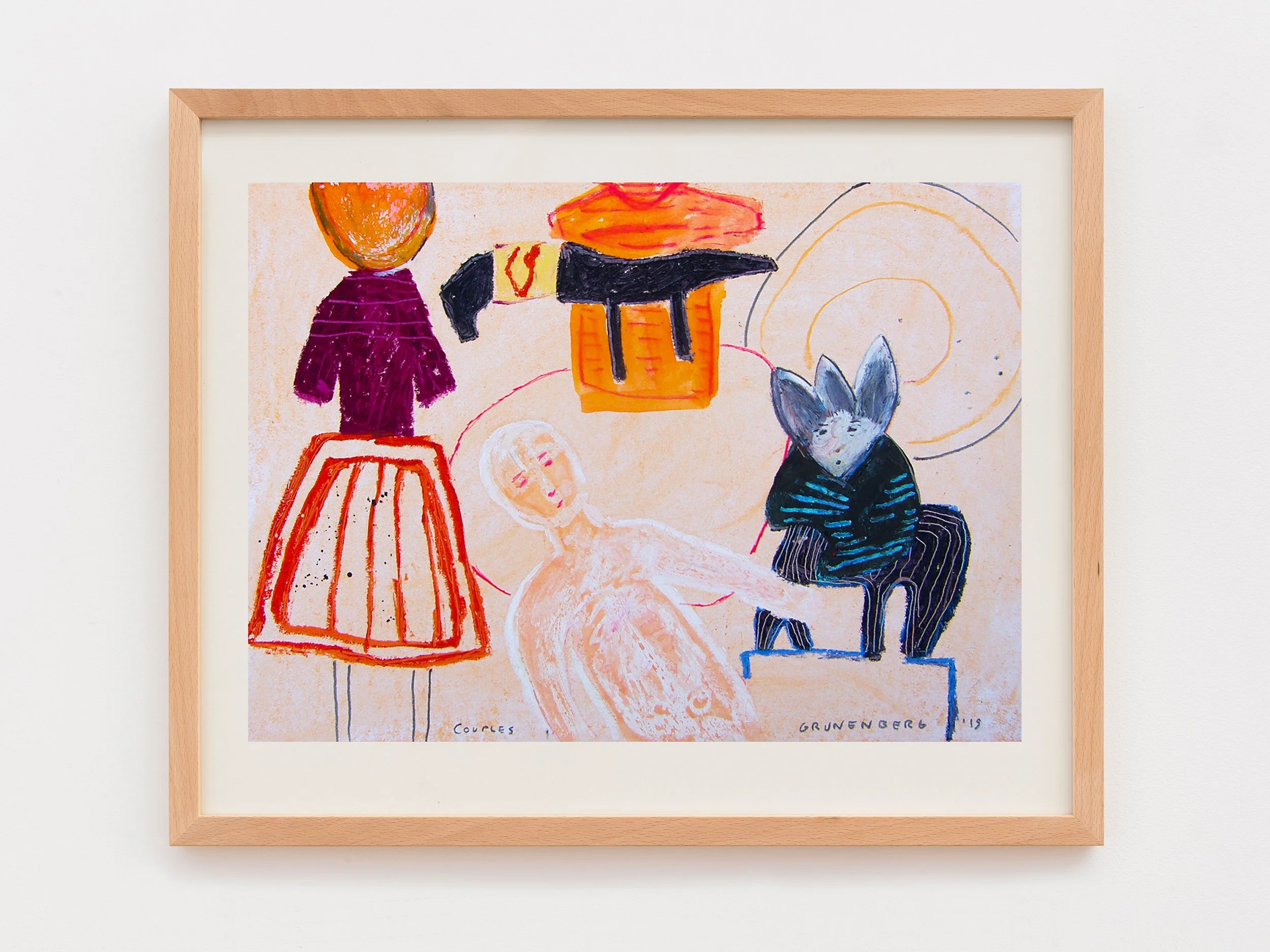 Framed art print of colorful, abstract drawing of a person with orange hair, black and purple clothing, and a creature with gray fur and blue striped shirt, alongside other abstract shapes and lines. Handwritten text at the bottom says 'Courtes' and 