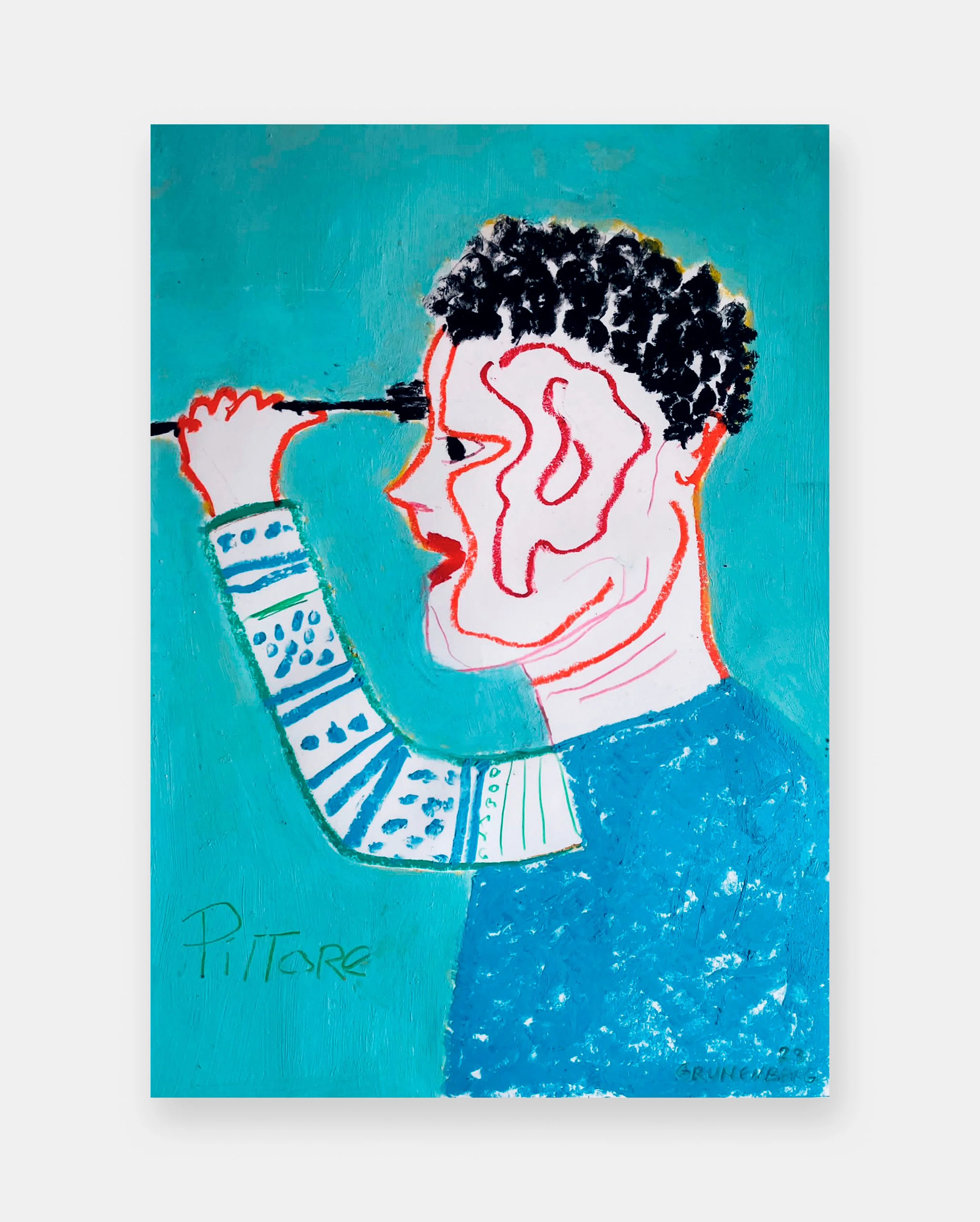 A colorful abstract painting of a person with black curly hair holding a remote control, with blue background and handwritten text reading 'PITTER' on the bottom left.