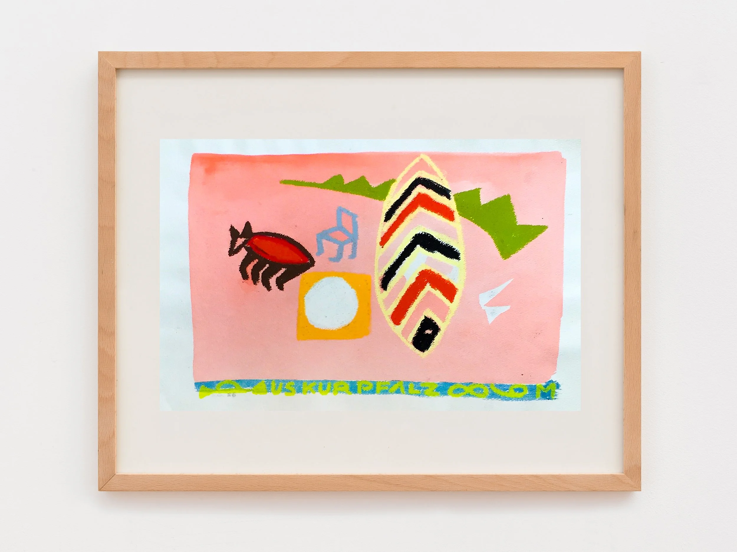 Colorful abstract artwork with geometric shapes, text at the bottom, framed in a wooden frame