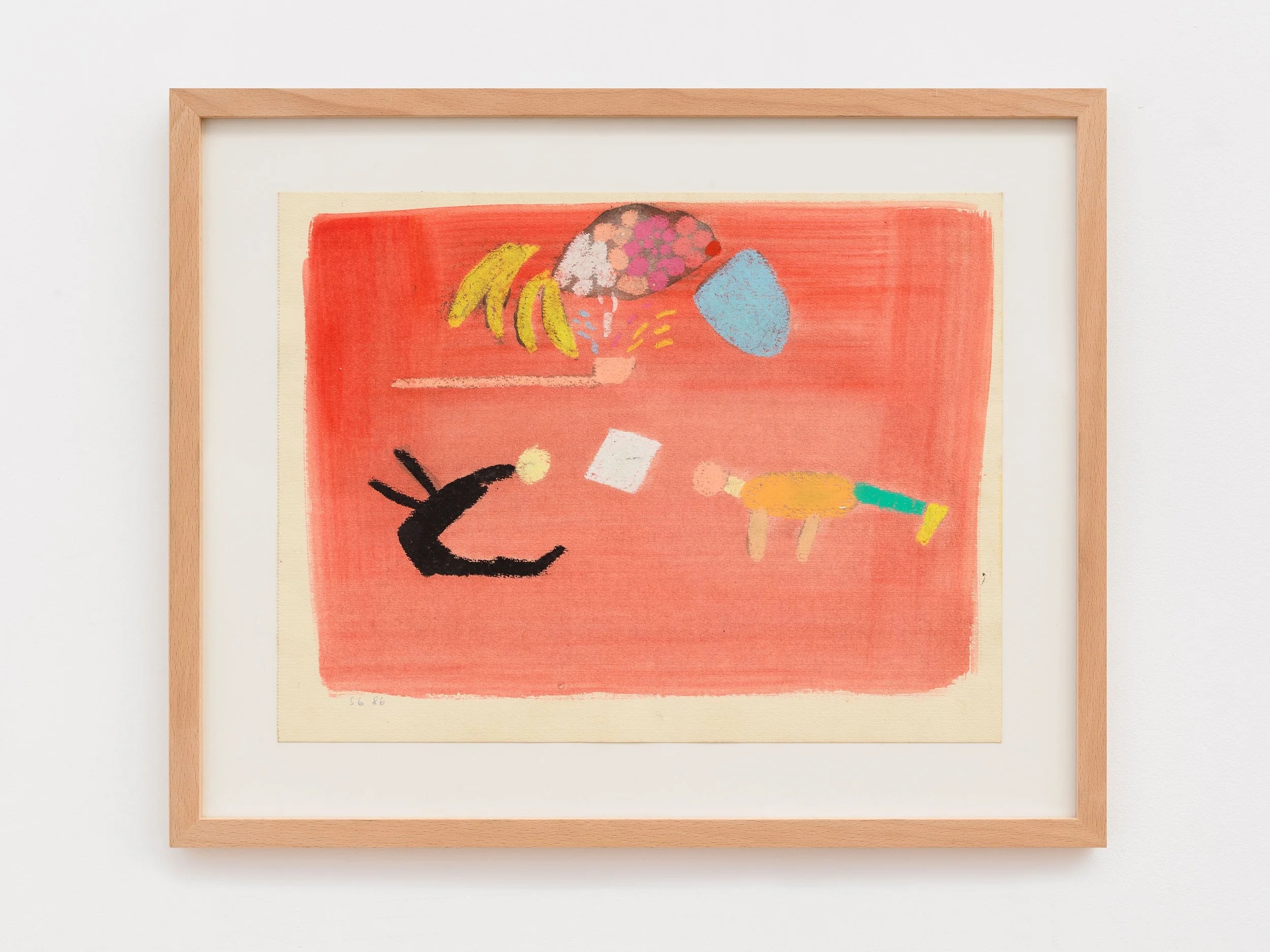 Close-up of a framed abstract colorful artwork with a pink background, featuring various shapes and textures.