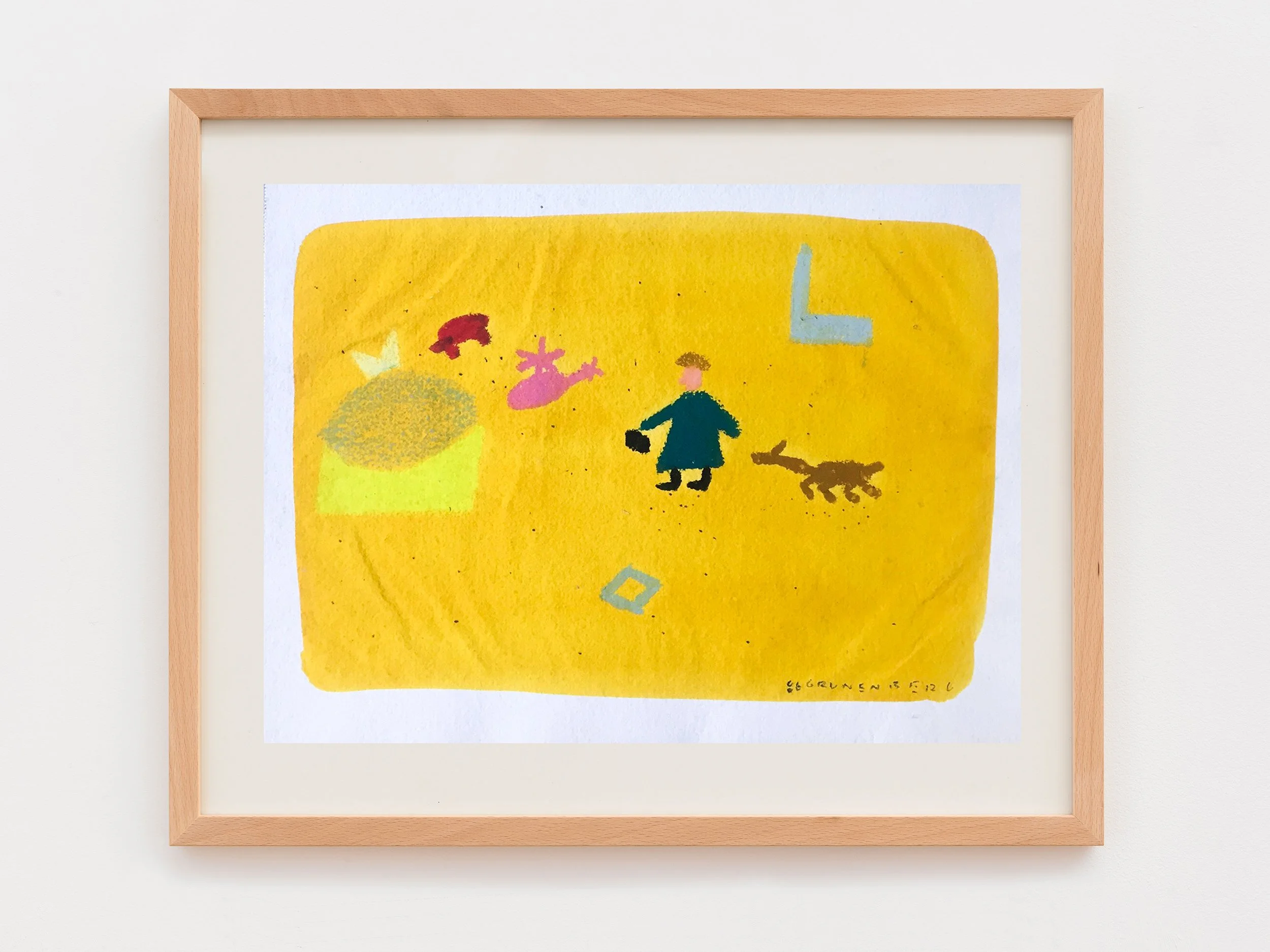 A framed abstract watercolor painting with yellow background, a silhouette of a person, a dog, a clock, and other shapes.