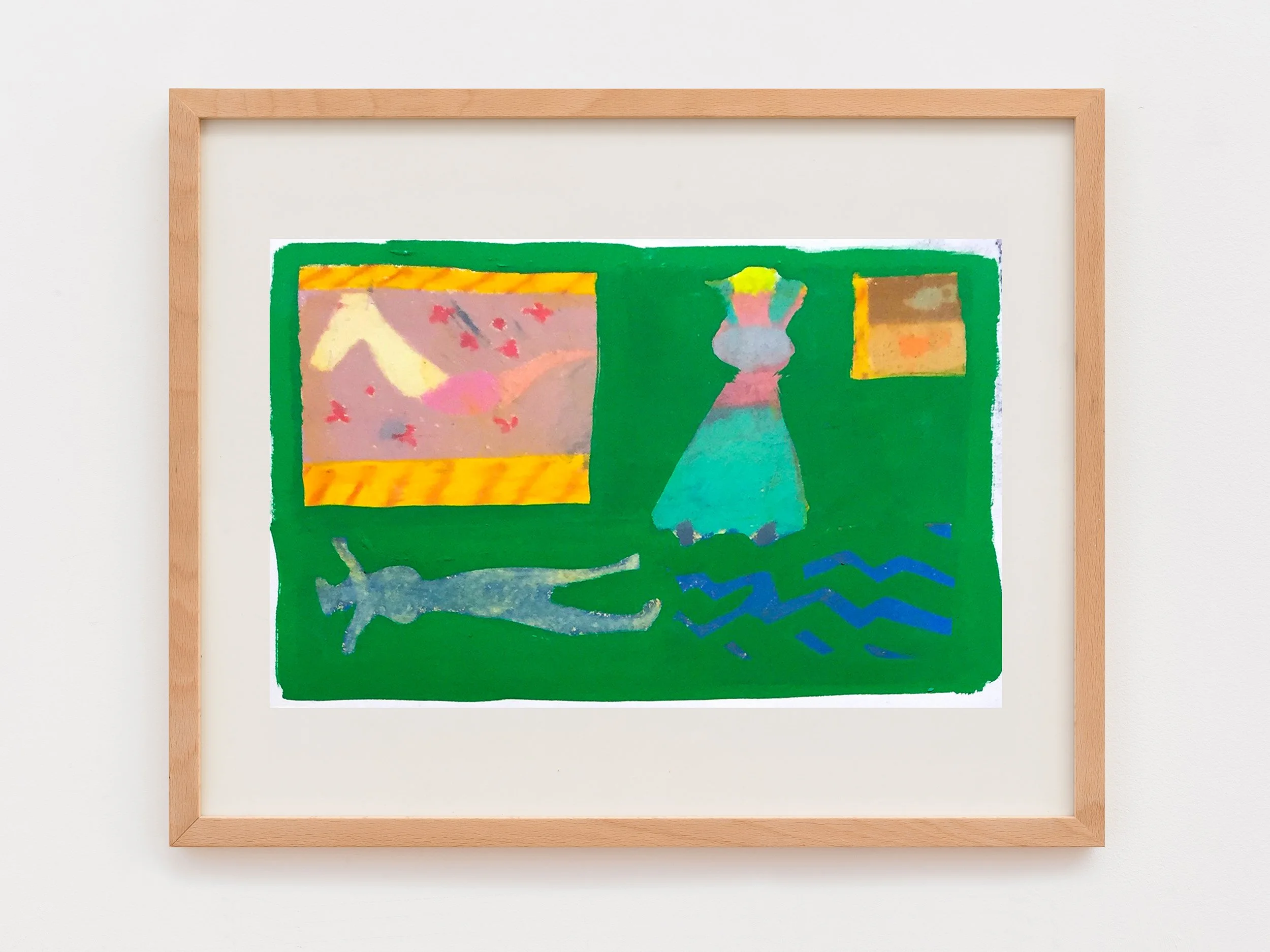 Colorful abstract painting with a woman in a dress and hat, displayed in a wooden frame on a white wall.