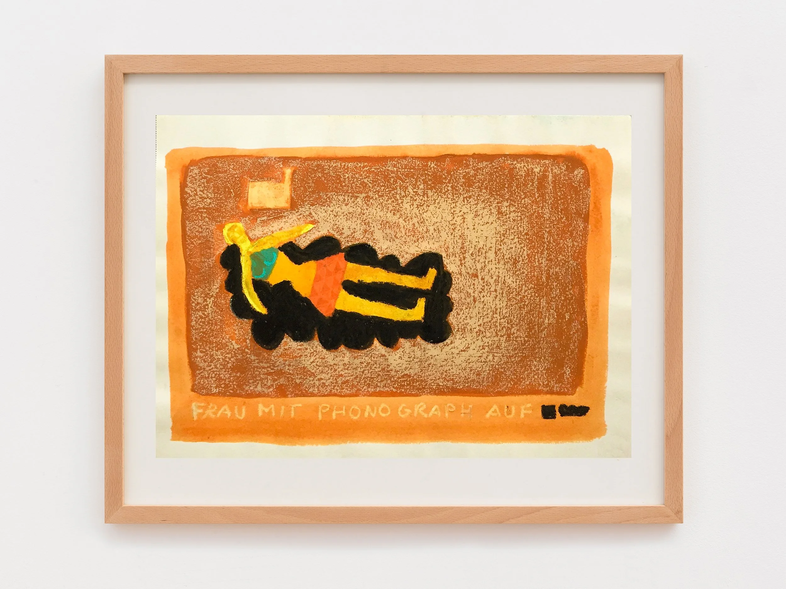 A framed watercolor painting with an orange border. The painting depicts an abstract figure lying on a black outline, with a yellow object in one hand, against a textured orange background. Text at the bottom reads 'FRAU MIT PHONOGRAPH'.