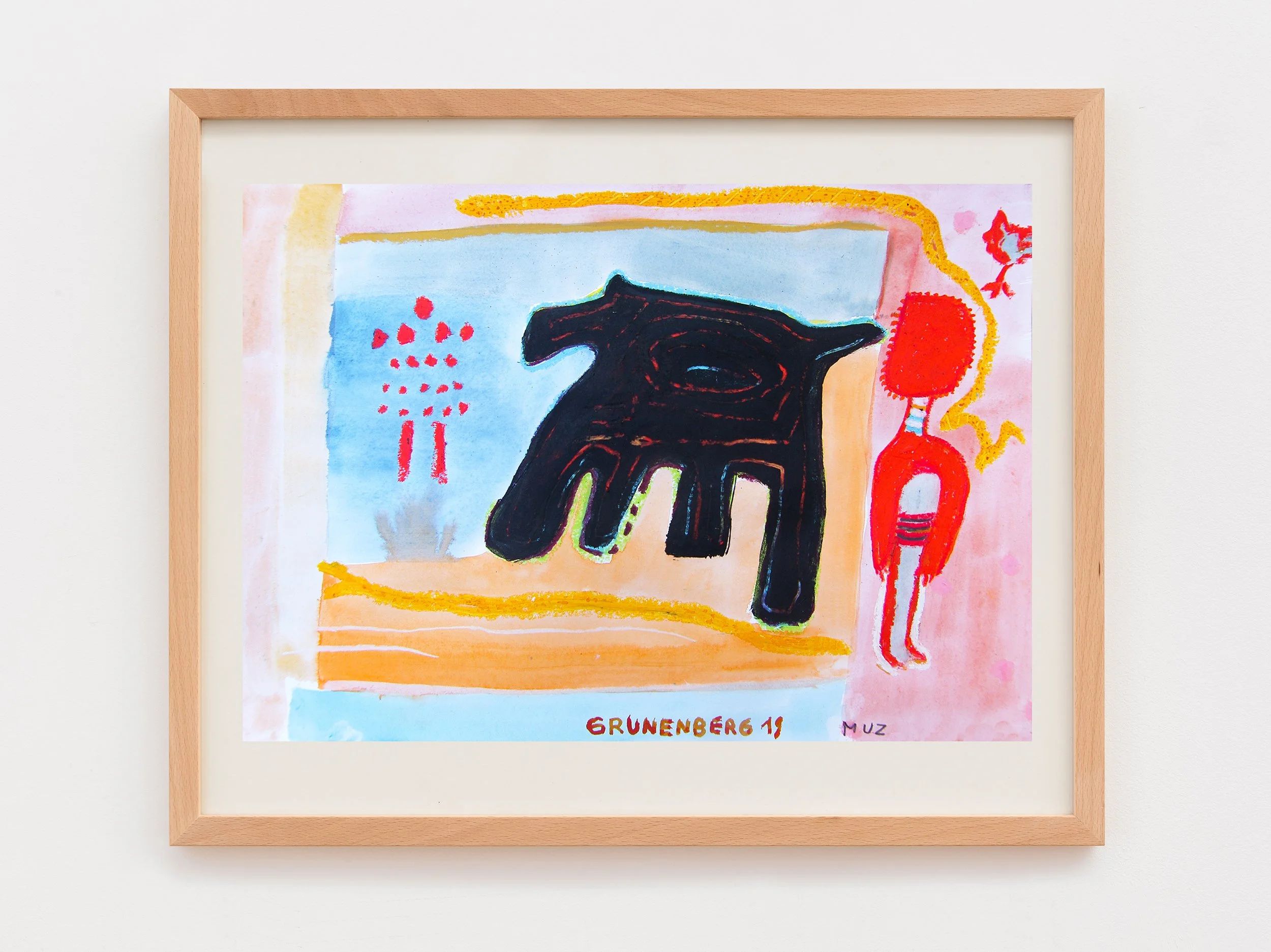 Colorful abstract artwork featuring various shapes and figures, framed in a light wooden frame, with the text 'GRUNENBERG 11' at the bottom.