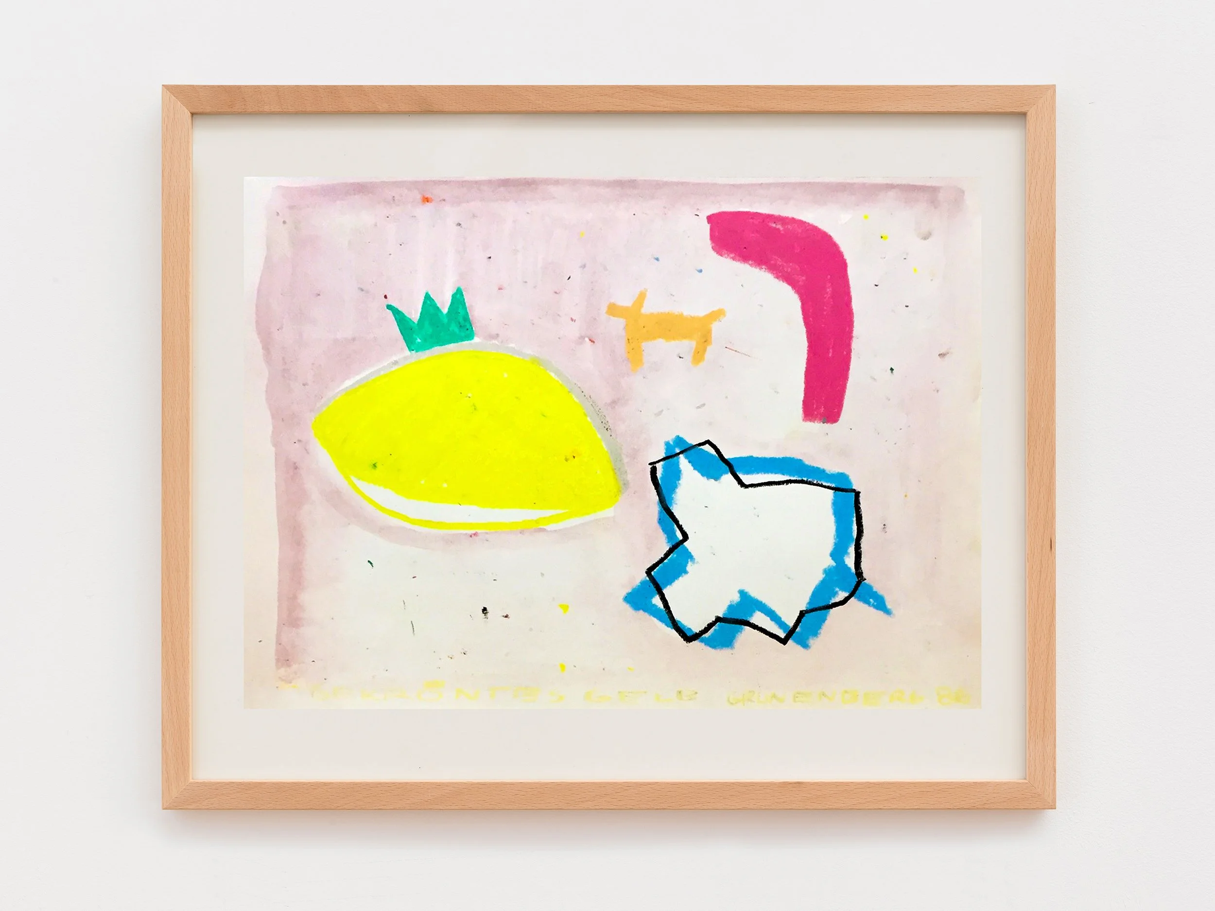 Children's colorful drawing featuring a yellow sun, a blue and white animal, and other abstract shapes on pink background.