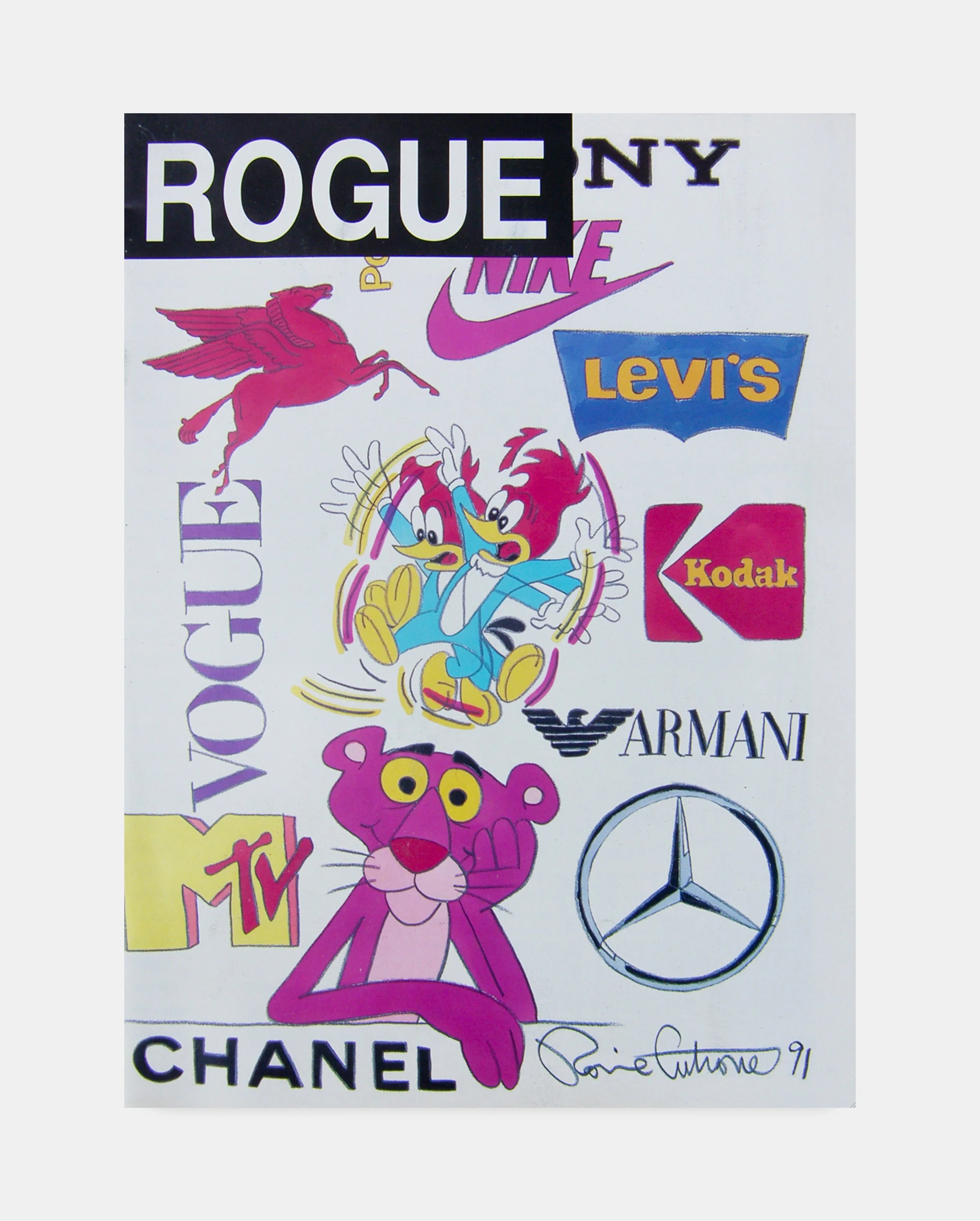 Clothing brand logos including ROGUE NY, Nike, Levi's, KODAK, GQ, Armani, CHANEL, and a Mercedes-Benz logo, with cartoon characters and signatures in the background.