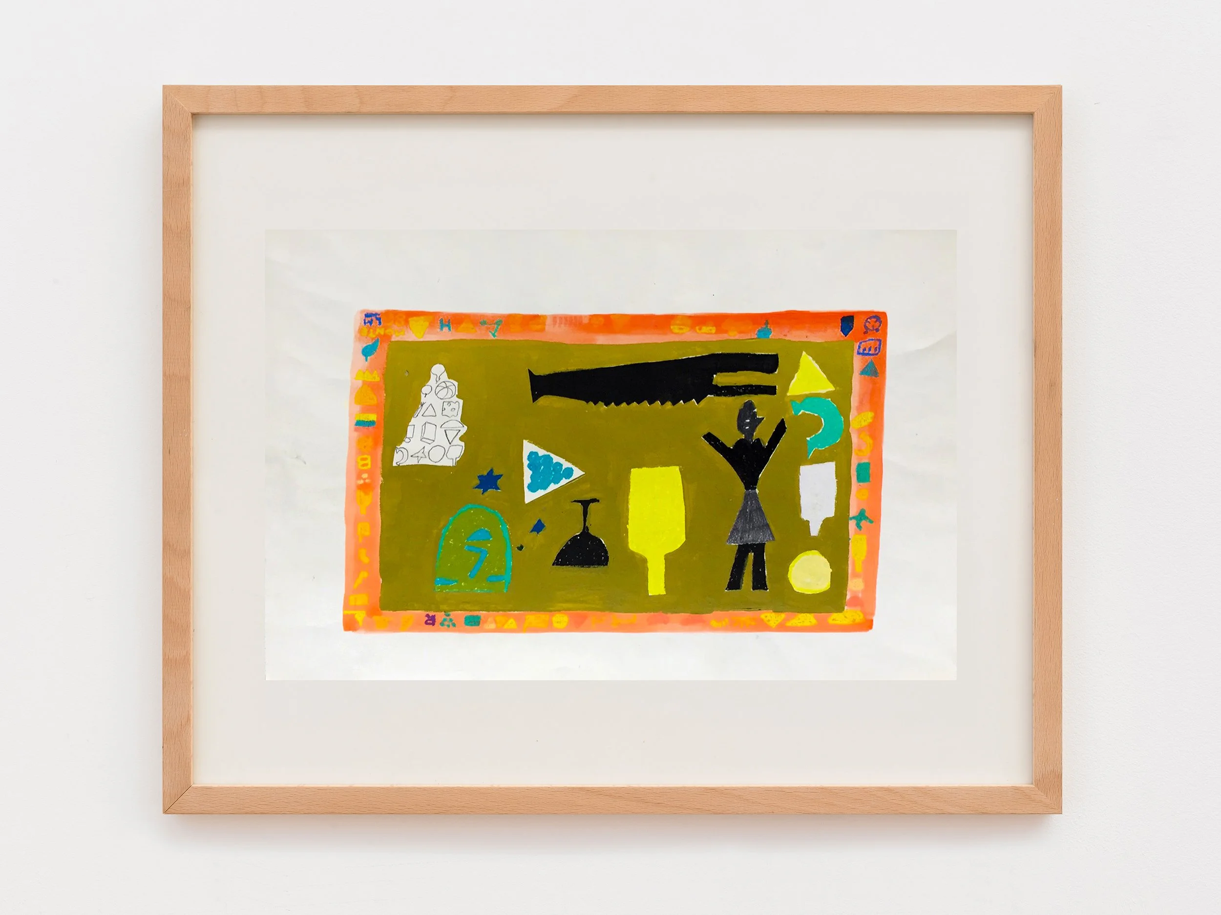 A framed colorful abstract artwork with various shapes and figures, including a vulture, pyramid, and other objects, surrounded by a decorative border with symbols and patterns.