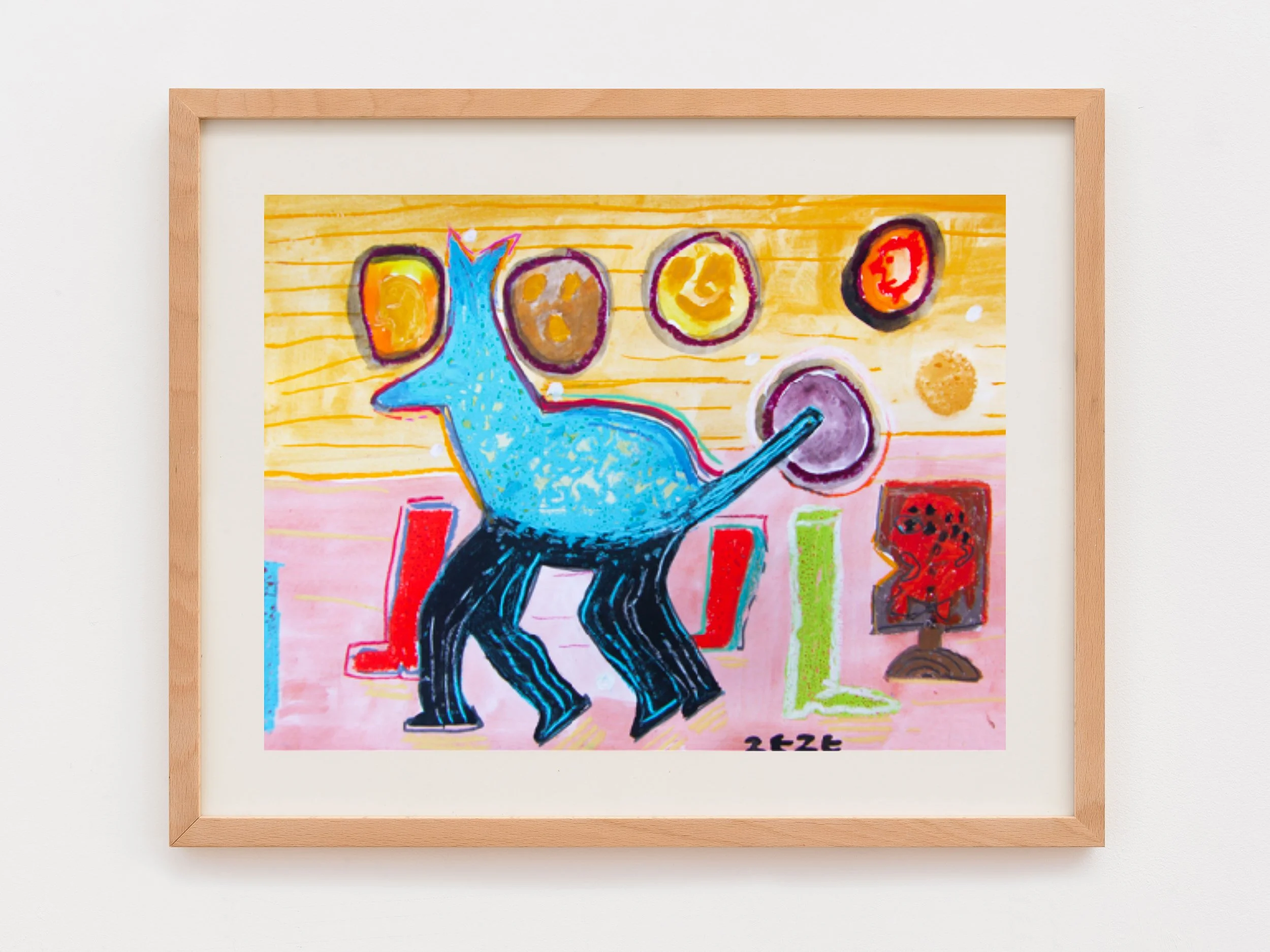 Colorful abstract drawing of a blue unicorn with a rainbow mane and tail, standing on a pink and green background, with various circular and rectangular shapes.