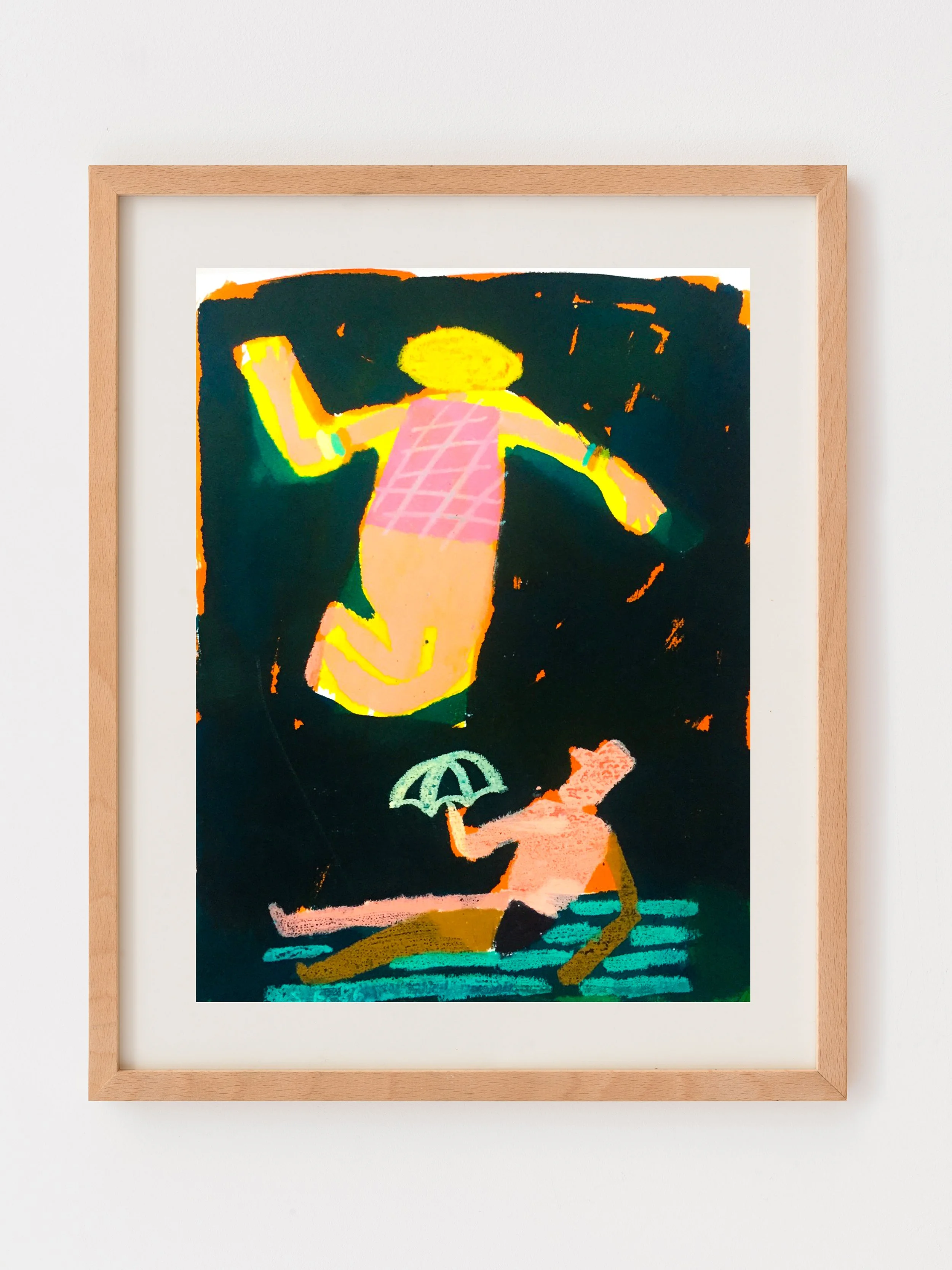 Colorful abstract artwork of a person holding hands with a child, sitting on a striped surface with a black background.
