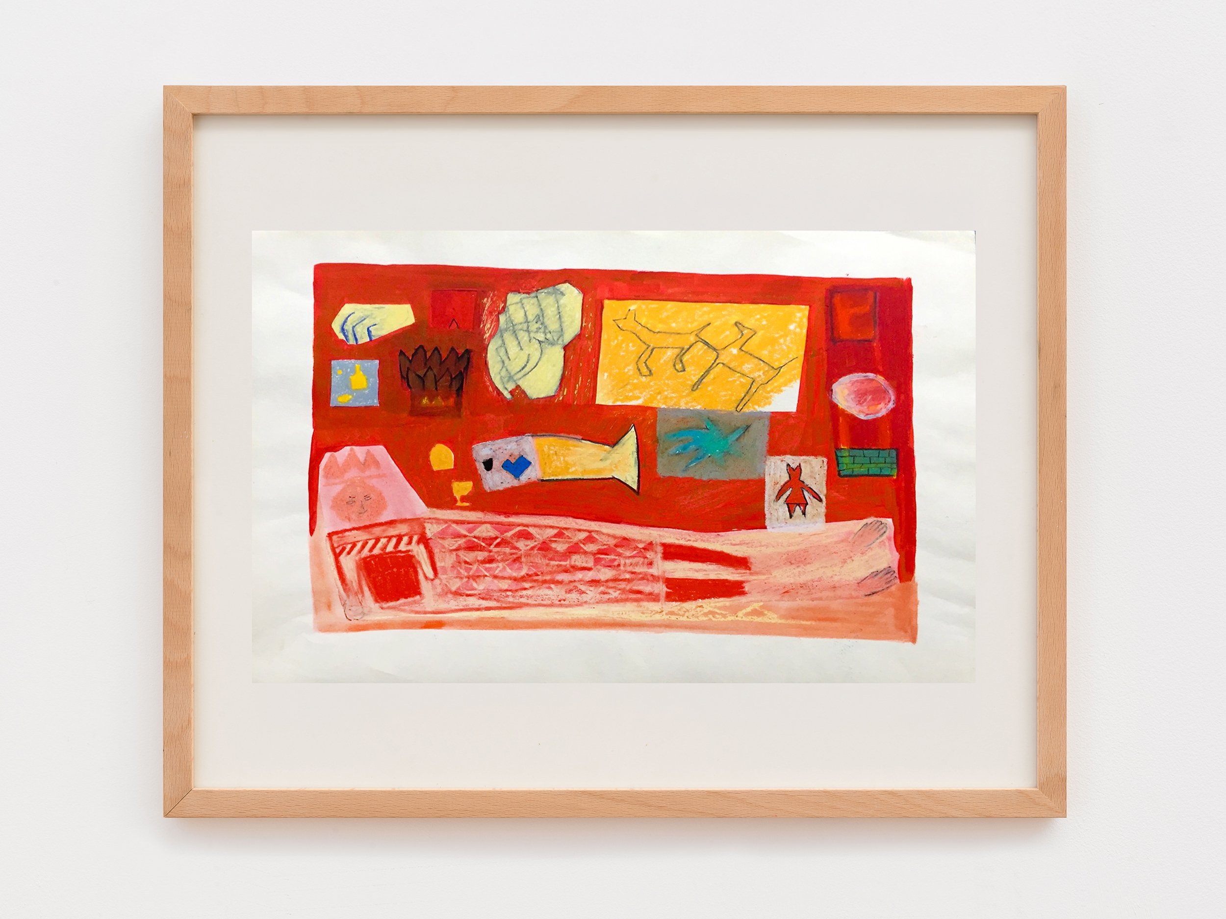A framed abstract painting with vibrant red, yellow, blue, and green colors on white background.