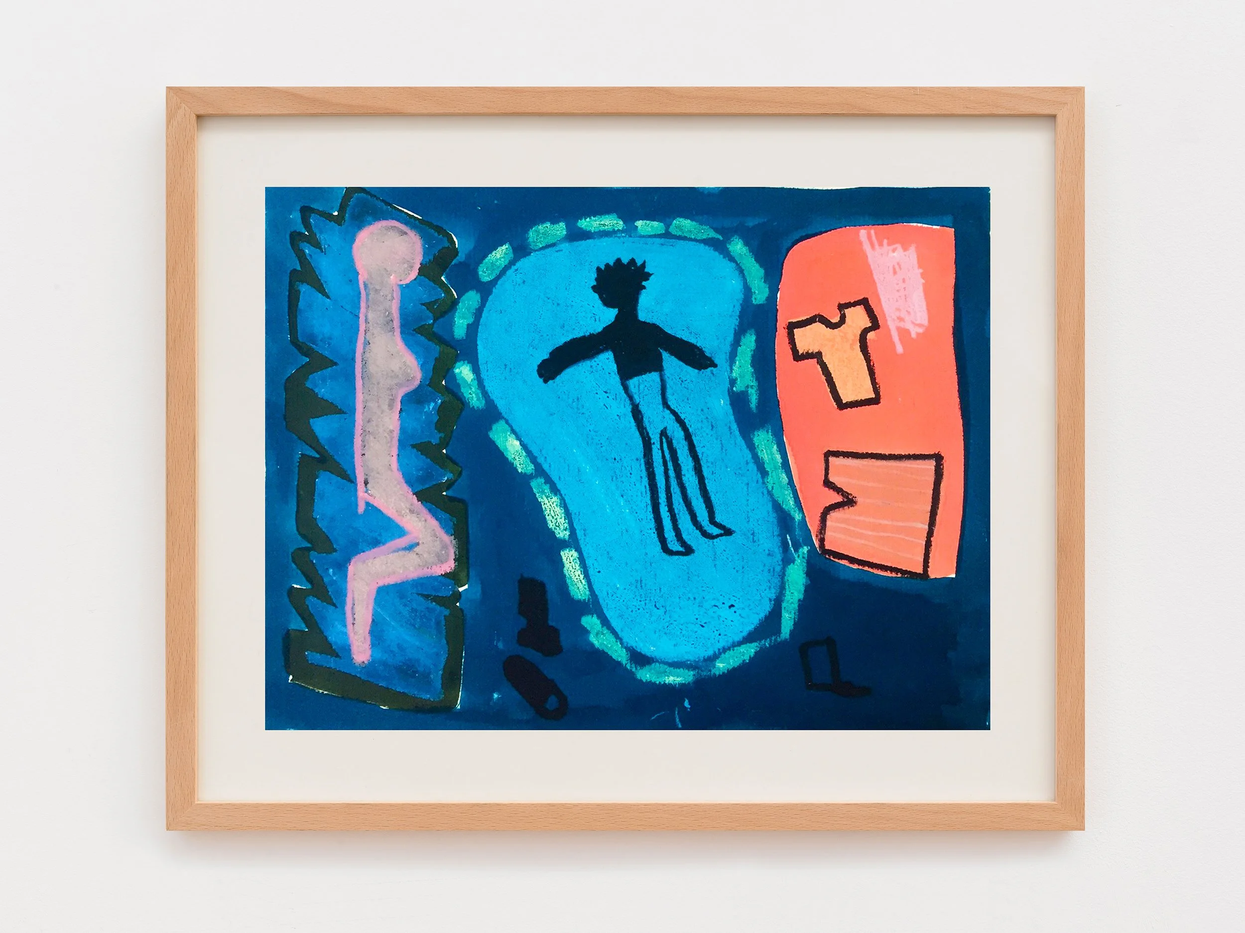 Abstract colorful artwork with human figures and geometric shapes framed in light wood, predominantly blue, orange, and pink colors.