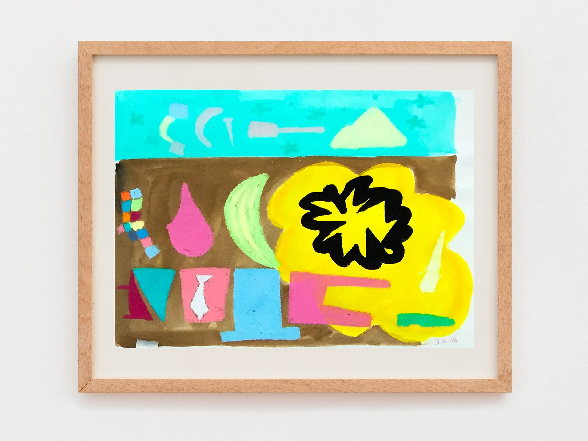 Colorful abstract artwork with various shapes and bold black text on a yellow shape, framed in light wood, with a white background.