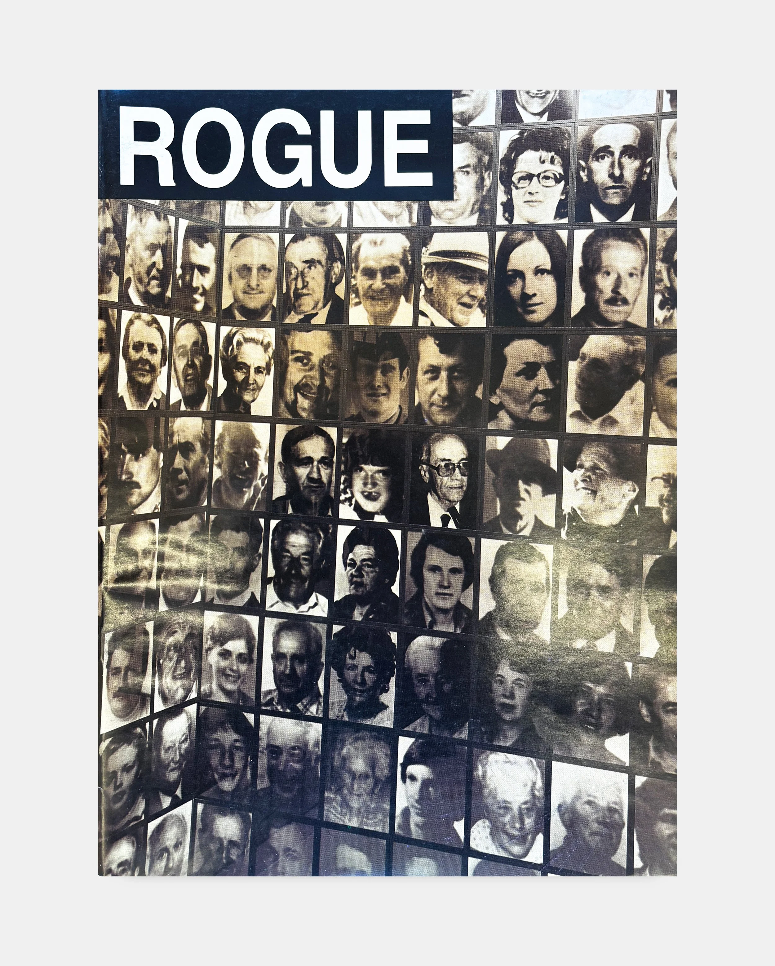 Display of black and white photos of various celebrities and notable figures arranged in a grid pattern with a large sign reading 'ROGUE' in the top left corner.