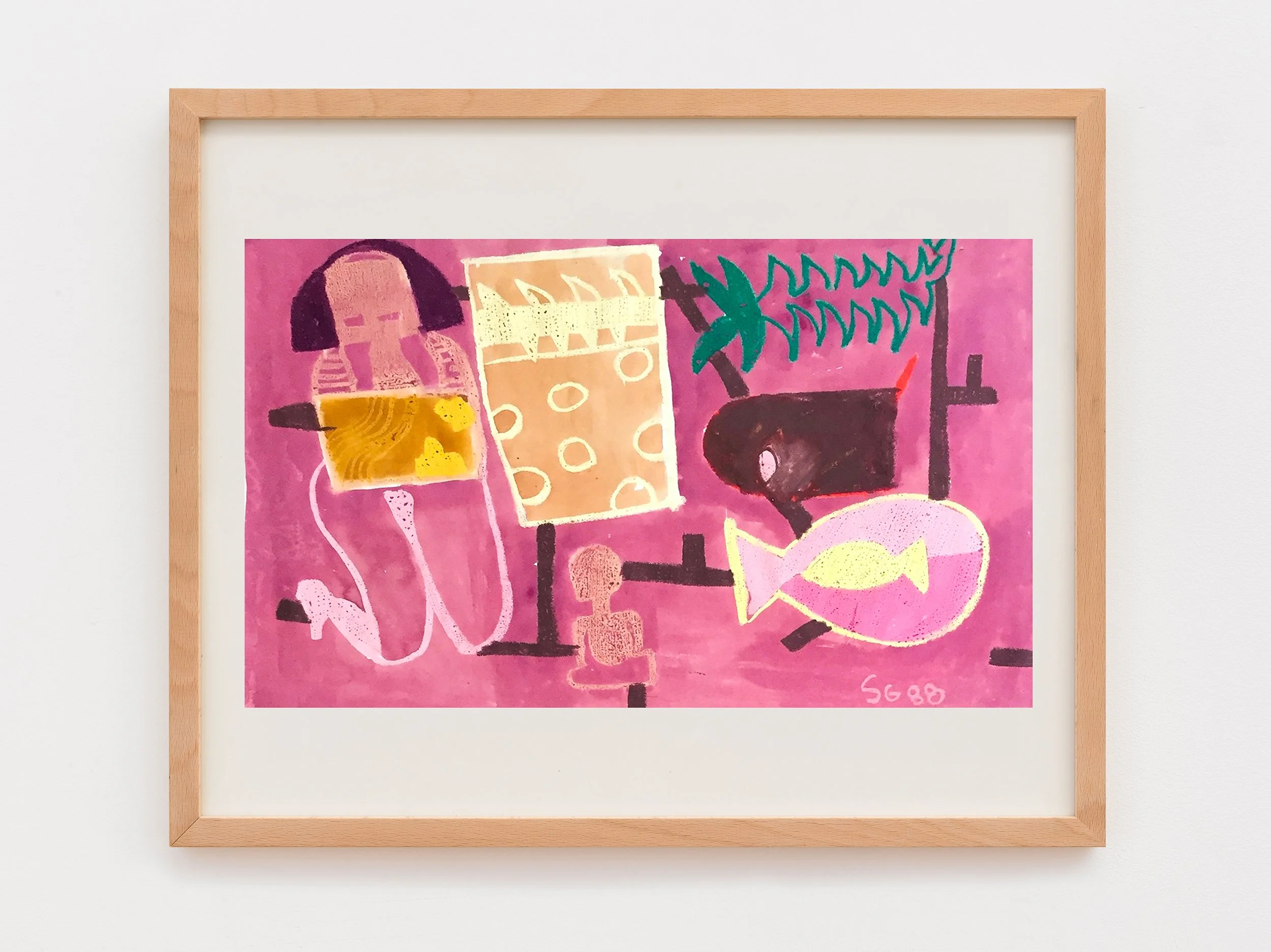 Colorful abstract painting with various shapes and lines on a pink background, framed in a light wood frame.