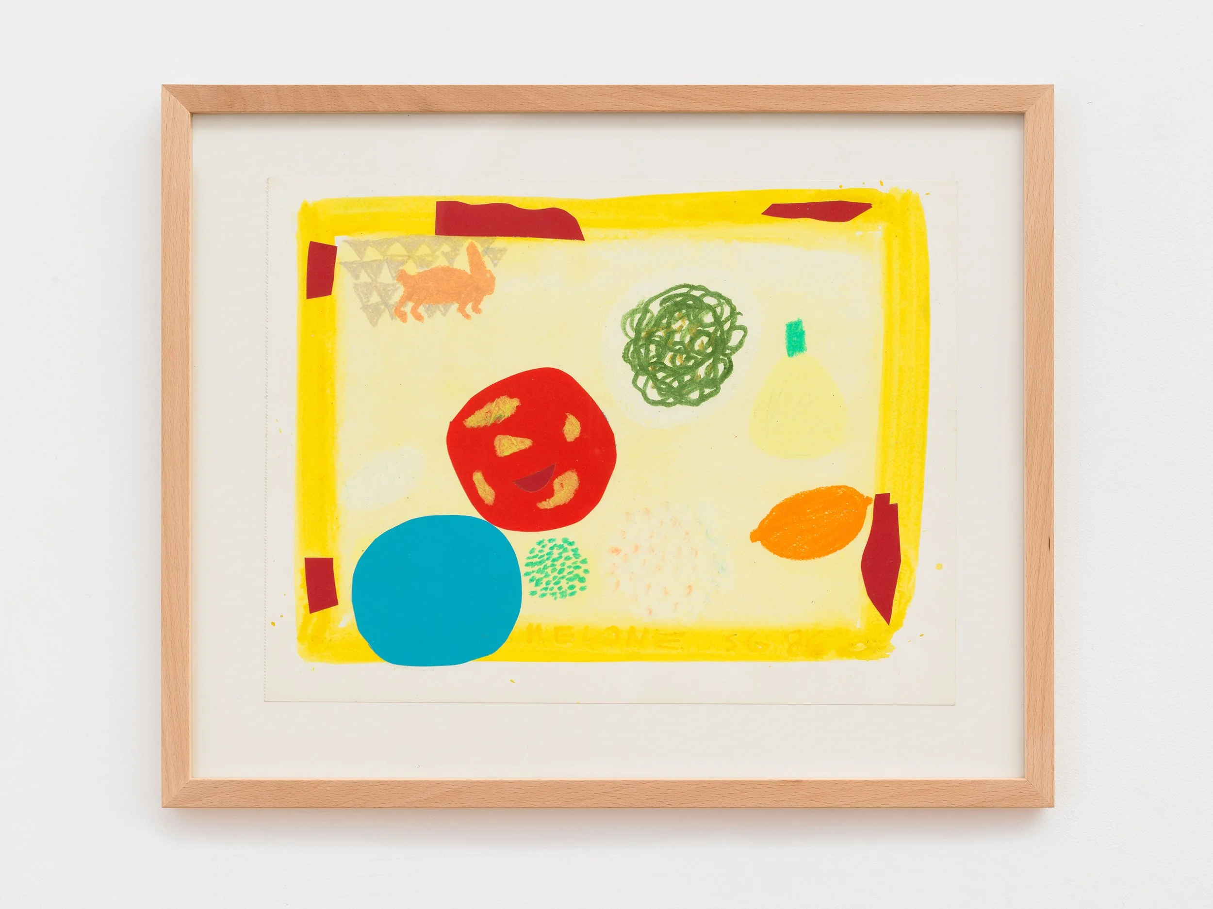Colorful abstract artwork with shapes and patterns framed in light wood on a white background.