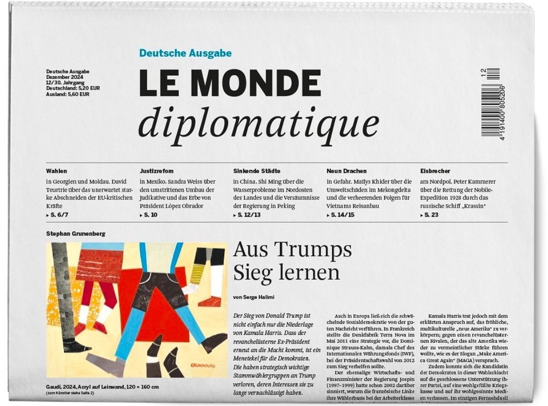 Front page of a German newspaper called Le Monde diplomatique, December 2024 issue, with headline 'Aus Trumps Sieg lernen' and a colorful illustration of legs and shoes.