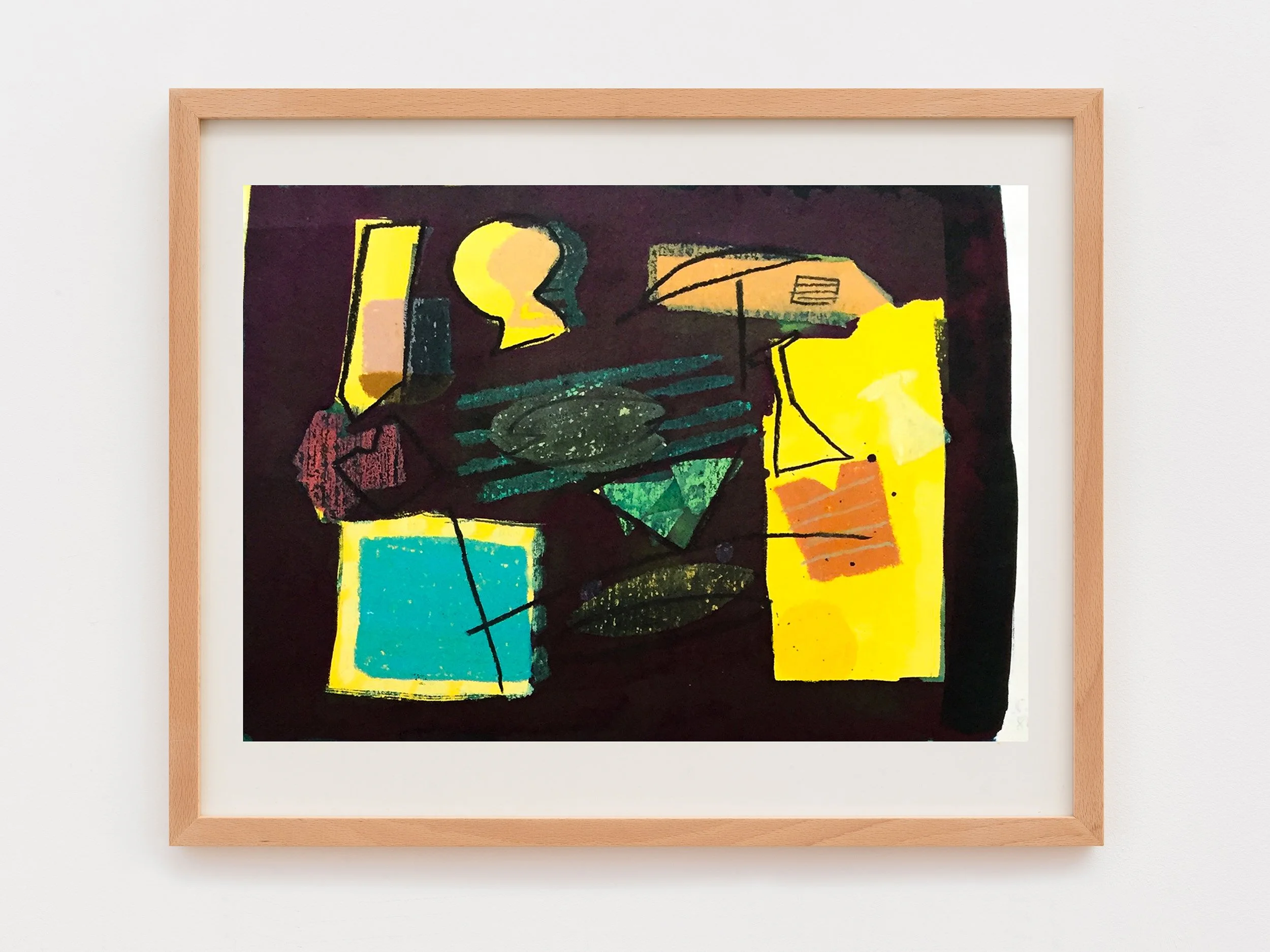 Abstract artwork featuring colorful geometric shapes and bold lines with a dark background.
