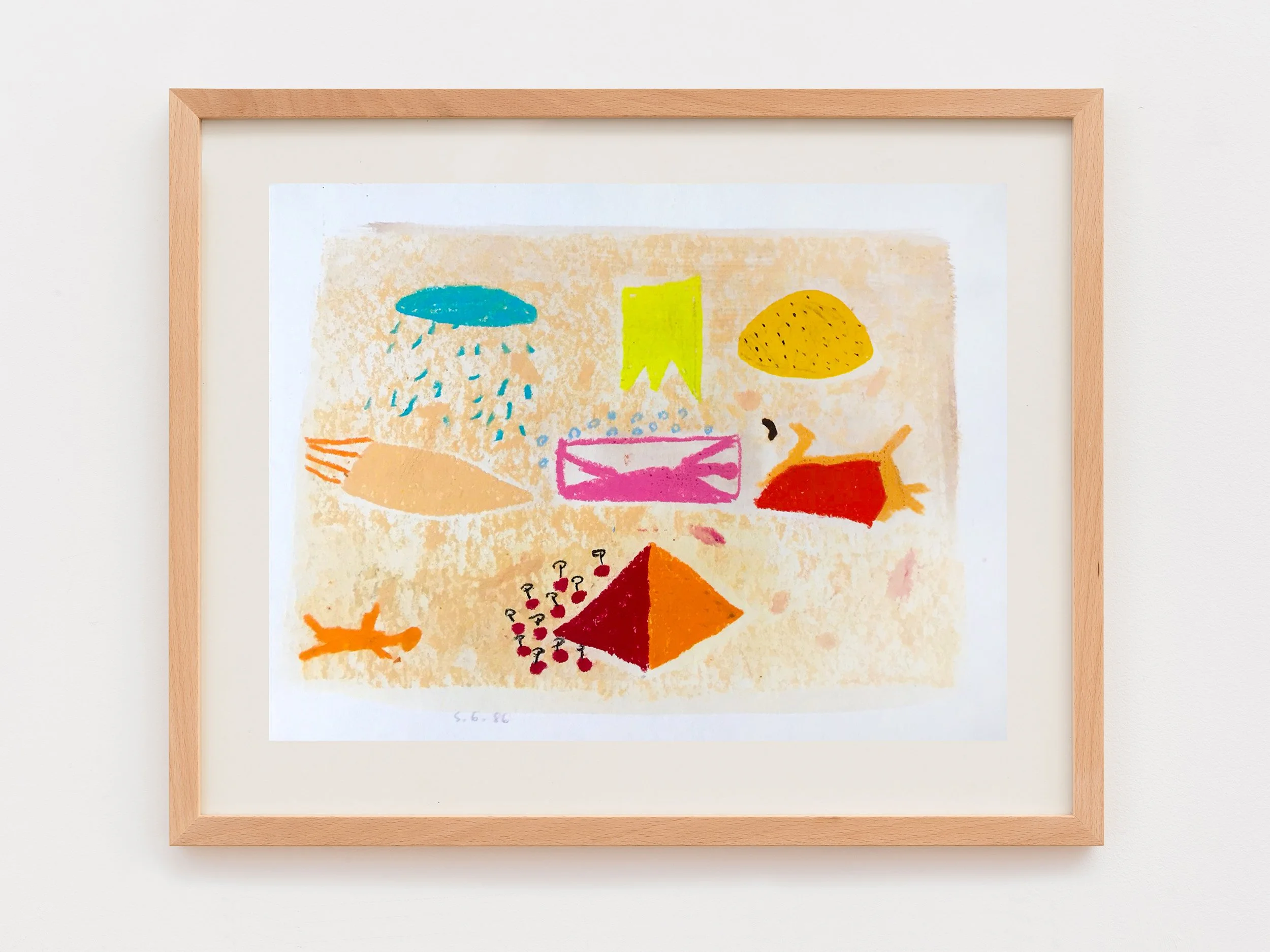 Colorful abstract artwork featuring shapes like a blue cloud with rain, a yellow circle, a pink rectangular shape, an orange triangle, and black dots on a textured beige background, framed in light wood.