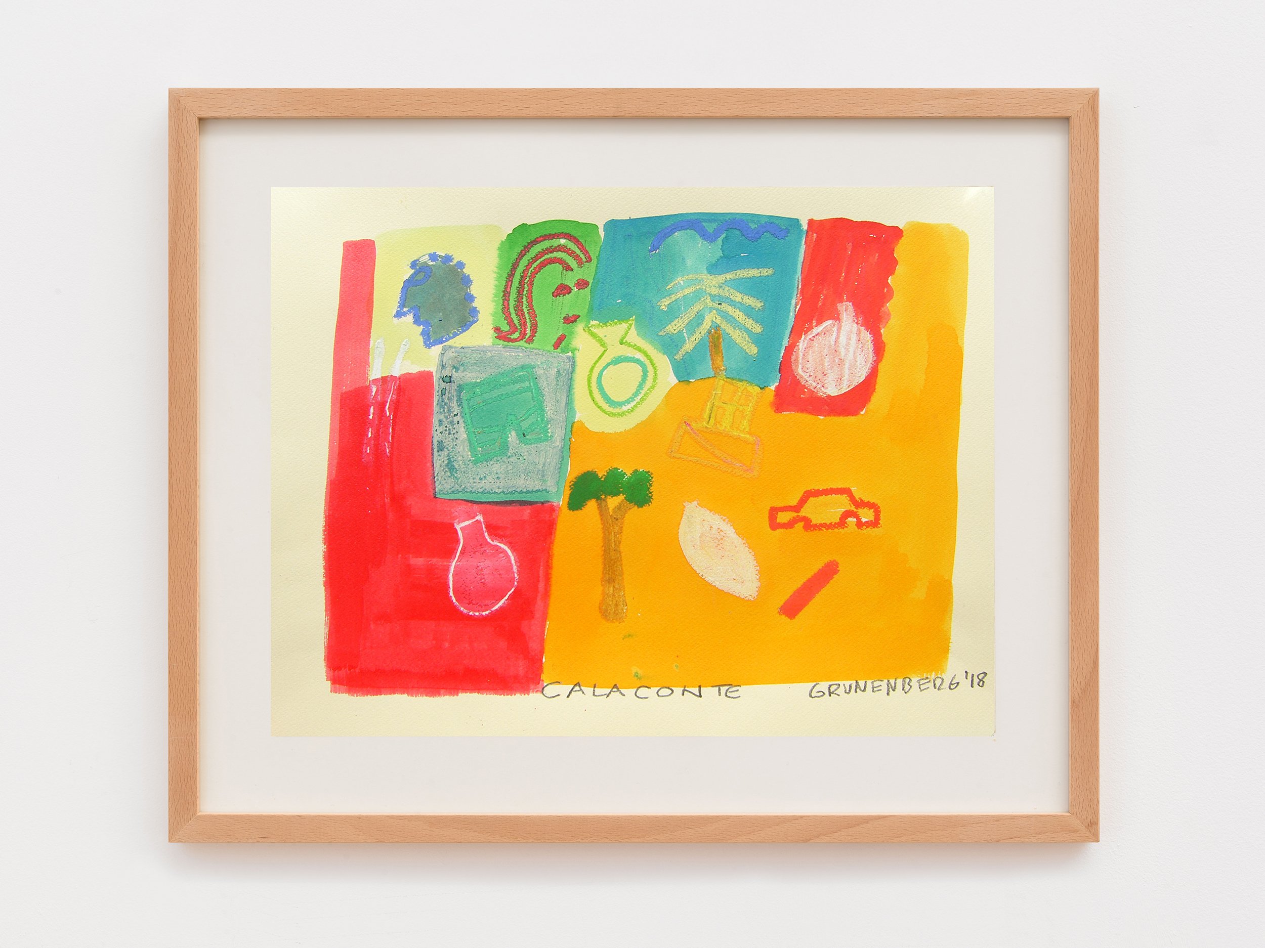 Colorful abstract artwork with various shapes and lines in red, blue, green, yellow, and orange, framed in a light wooden frame.