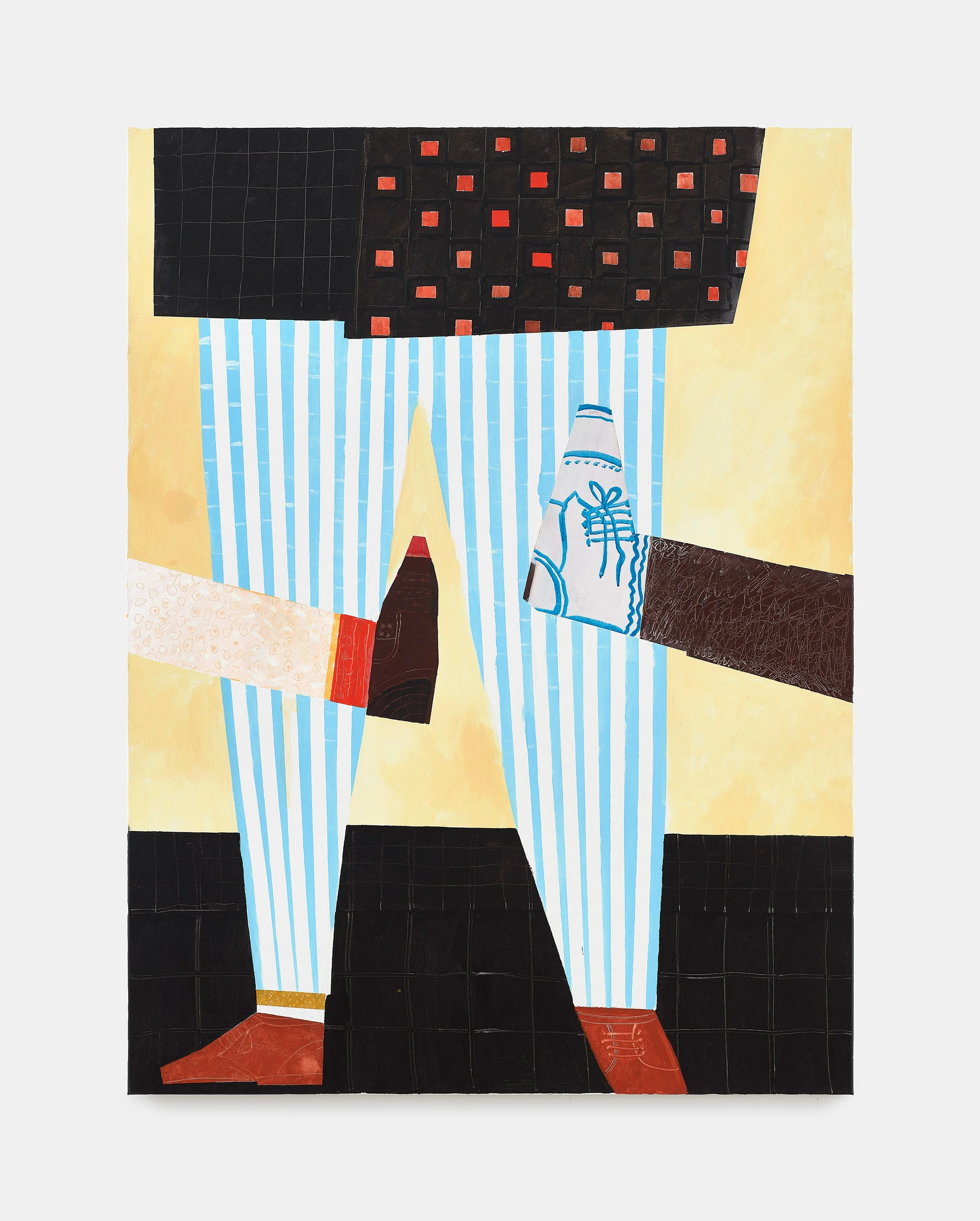 A geometric abstract painting with black grid patterns, blue and white striped elements, a yellow shape, and red shoes at the bottom.